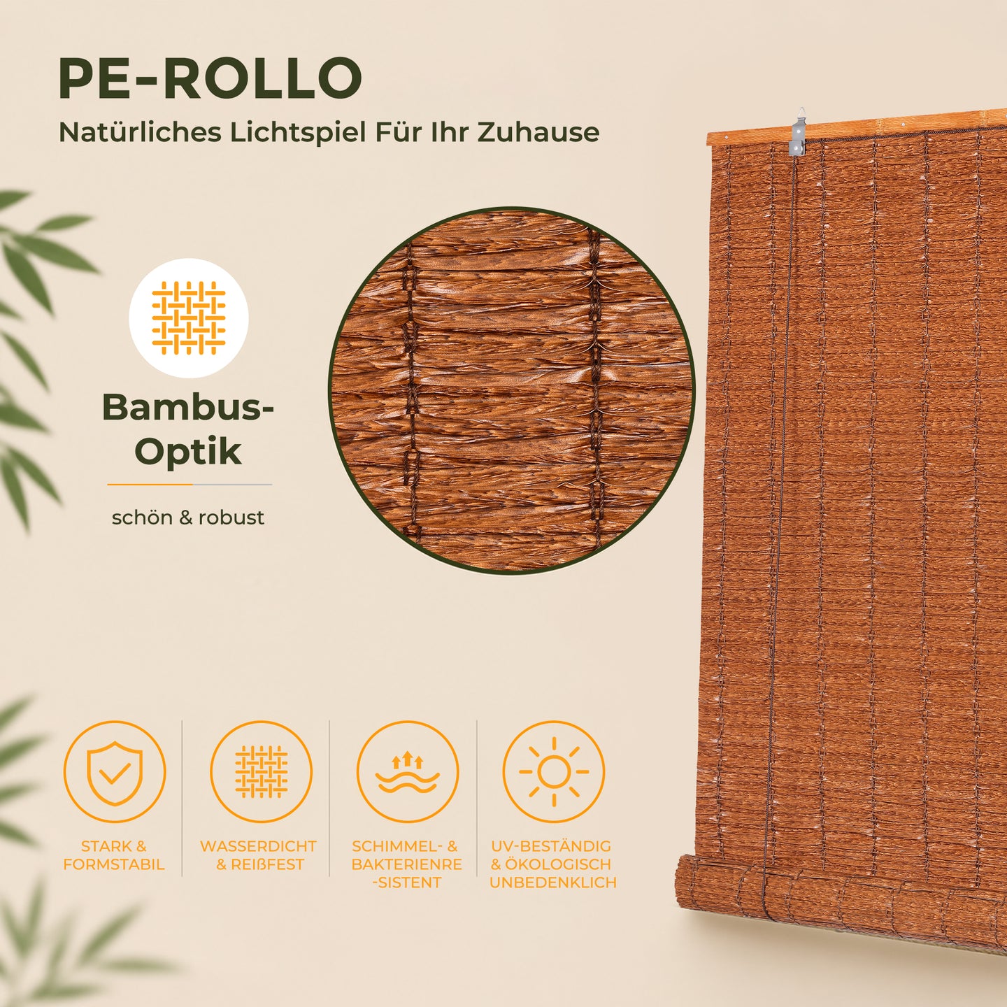 HOMEDEMO PE Rollo Outdoor wetterfest, Sichtschutz Sonnenschutz, Bambus Look Rollo für Innen- und außenbereich Bambusrollo Jalousie