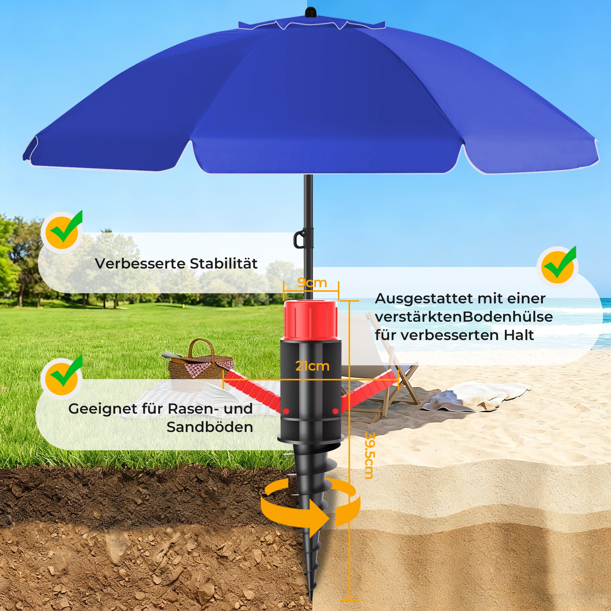 HOMEDEMO Sonnenschirm Strandschirm mit Bodenhülse, Gartenschirm Marktschirm,UV50+