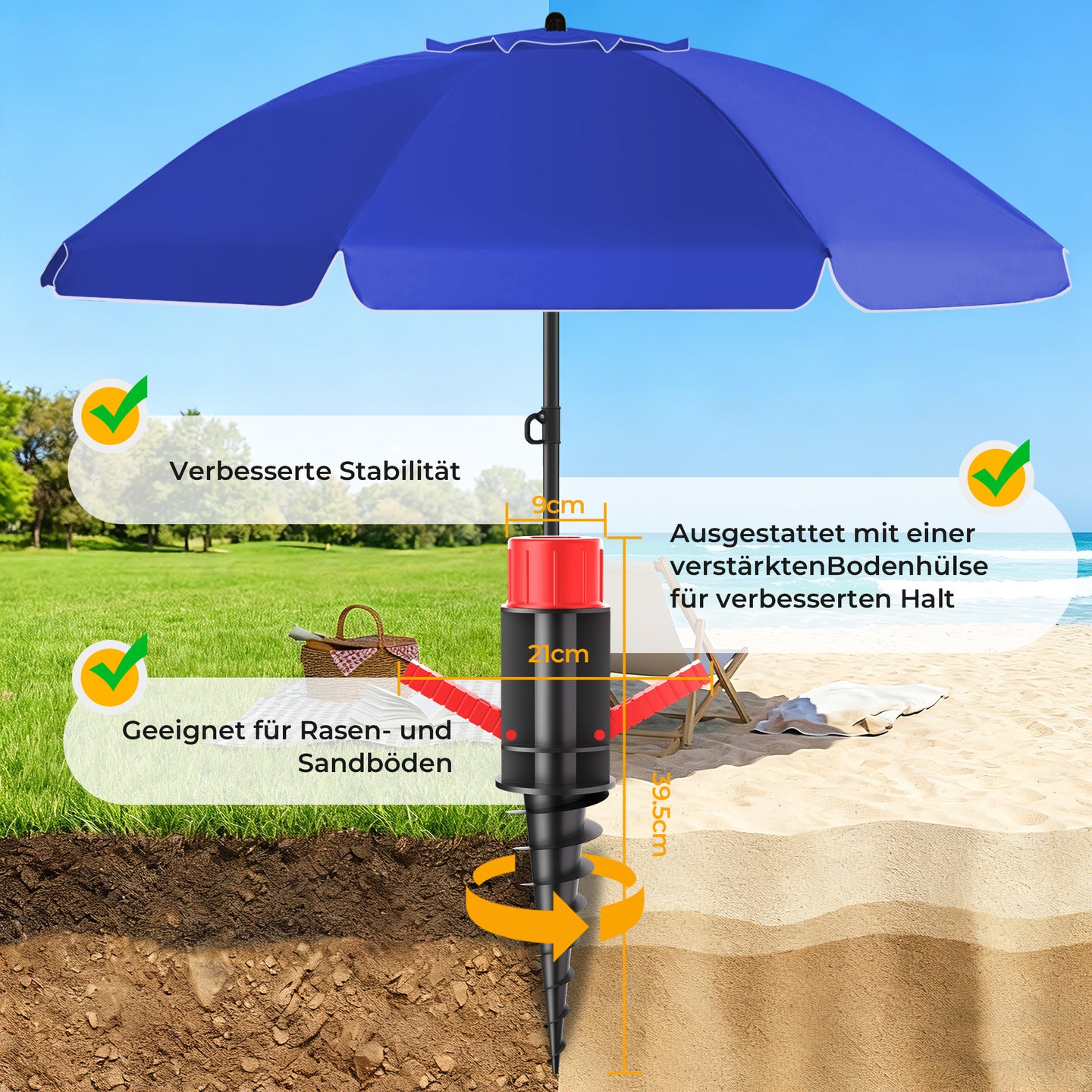 HOMEDEMO Sonnenschirm Strandschirm mit Bodenhülse, Gartenschirm Marktschirm,UV50+