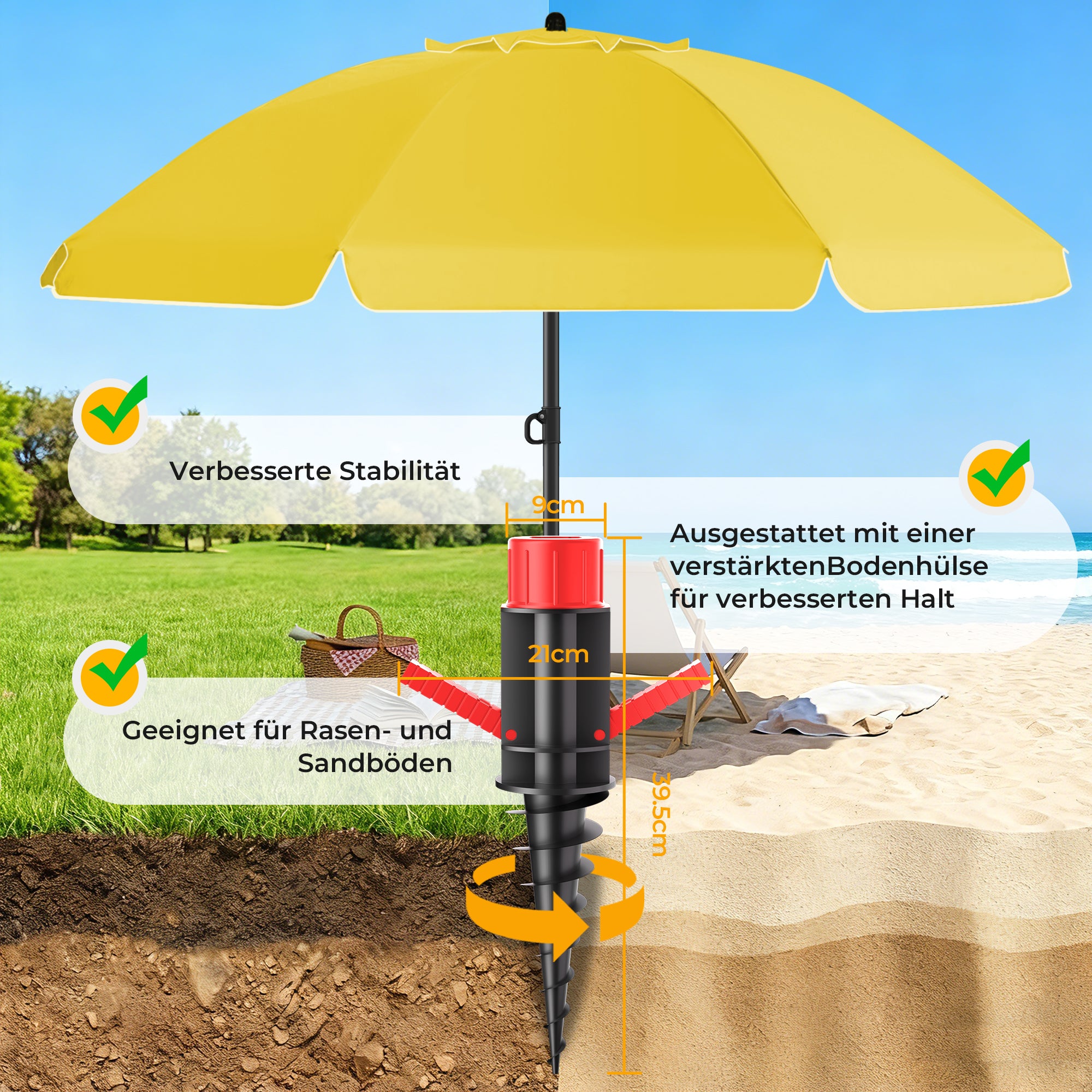 HOMEDEMO Sonnenschirm Strandschirm mit Bodenhülse, Gartenschirm Marktschirm,UV50+