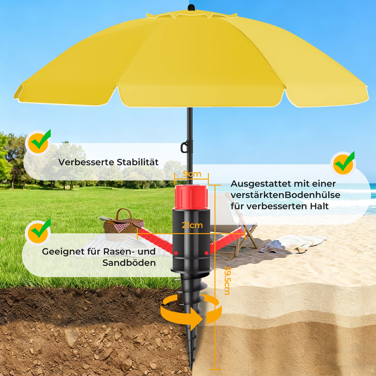 HOMEDEMO Sonnenschirm Strandschirm mit Bodenhülse, Gartenschirm Marktschirm,UV50+