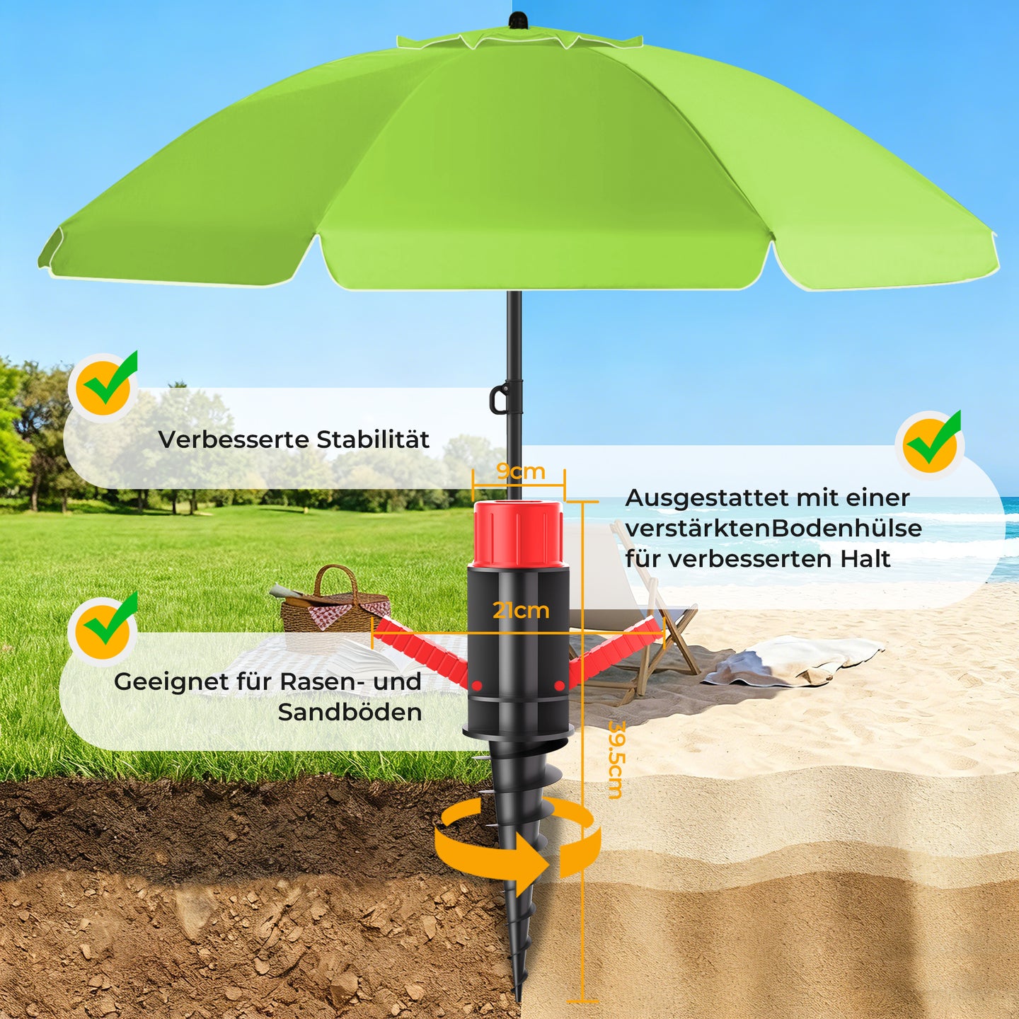 HOMEDEMO Sonnenschirm Strandschirm mit Bodenhülse, Gartenschirm Marktschirm,UV50+