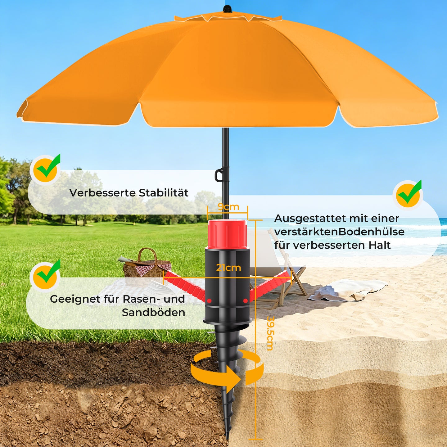 HOMEDEMO Sonnenschirm Strandschirm mit Bodenhülse, Gartenschirm Marktschirm,UV50+