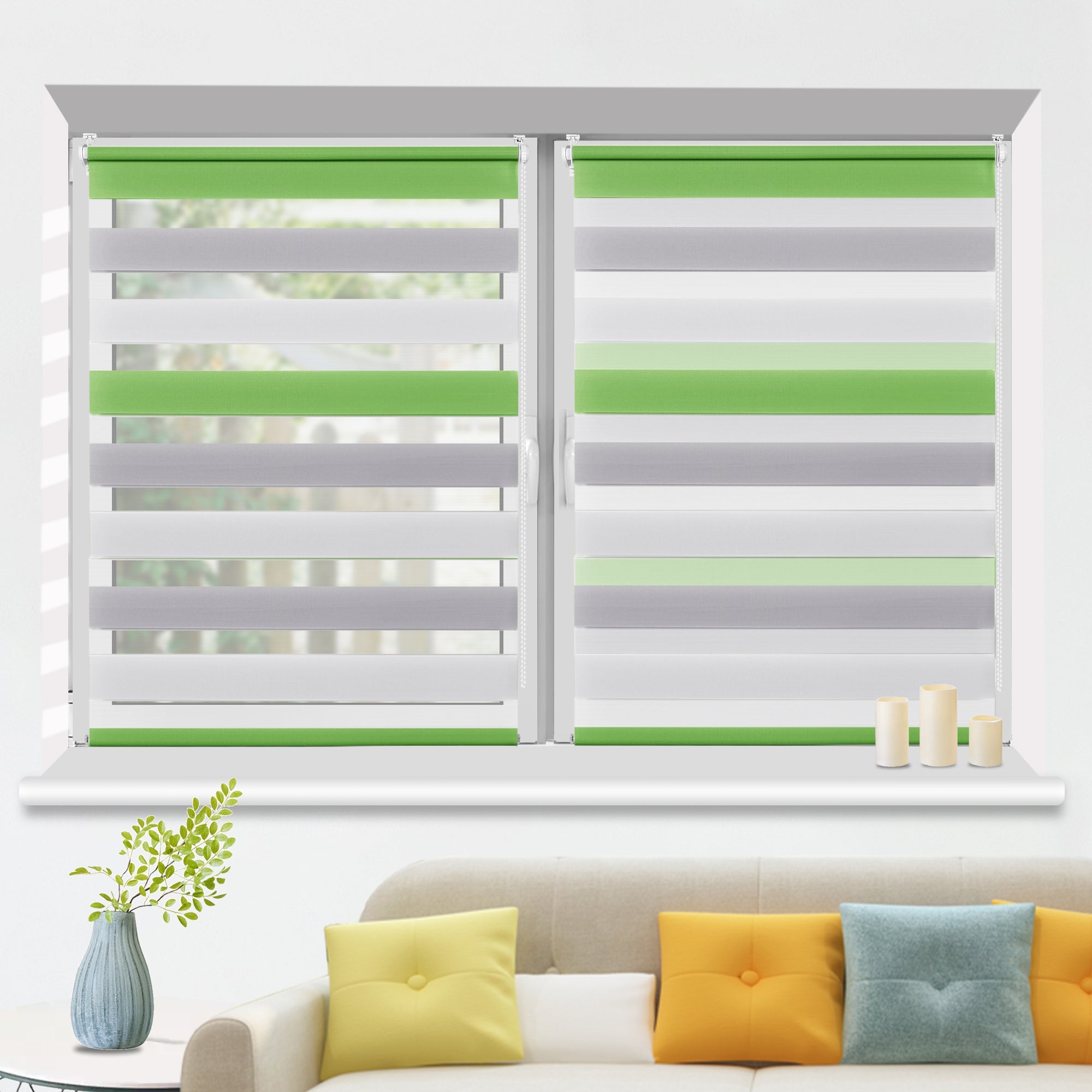 HOMEDEMO Doppelrollo Klemmfix ohne Bohren & mit Bohren, Rollos für Fenster und Tür,Leinen-grau,Weiss-grau-grün,Grün,Leinen