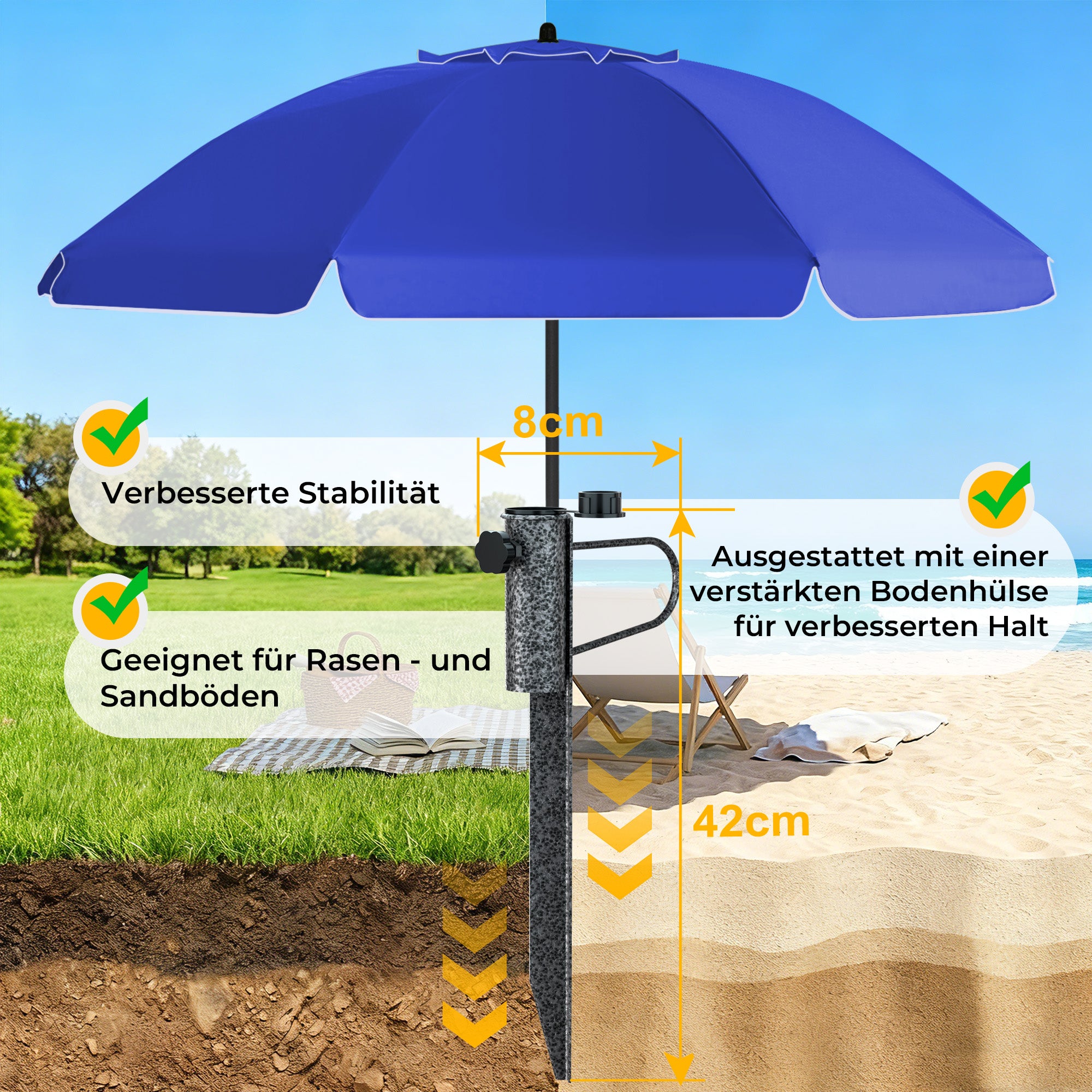 HOMEDEMO Sonnenschirm Strandschirm mit Bodenhülse, Gartenschirm Marktschirm