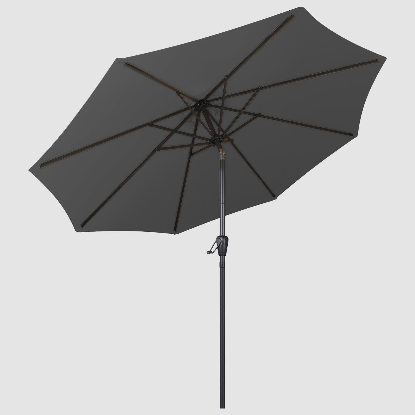The open Dark Grey best patio umbrella with a windproof hood is seen from below, the inner skeleton of the umbrella can be seen as well as the black pole. 
