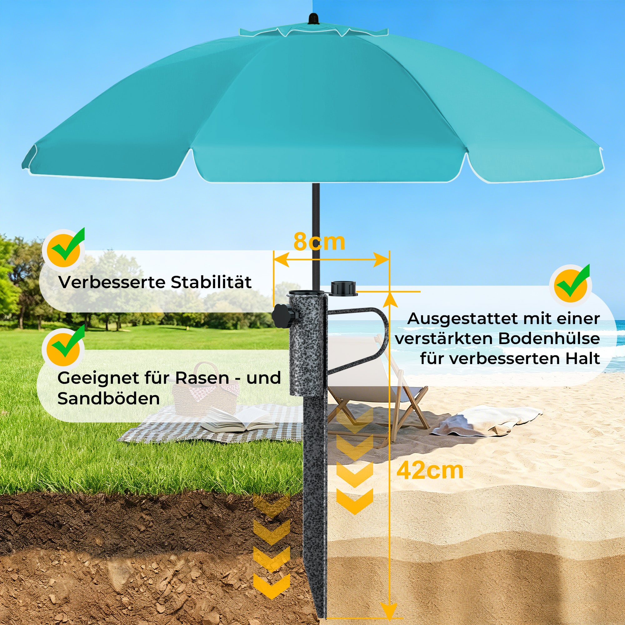 HOMEDEMO Sonnenschirm Strandschirm mit Bodenhülse, Gartenschirm Marktschirm
