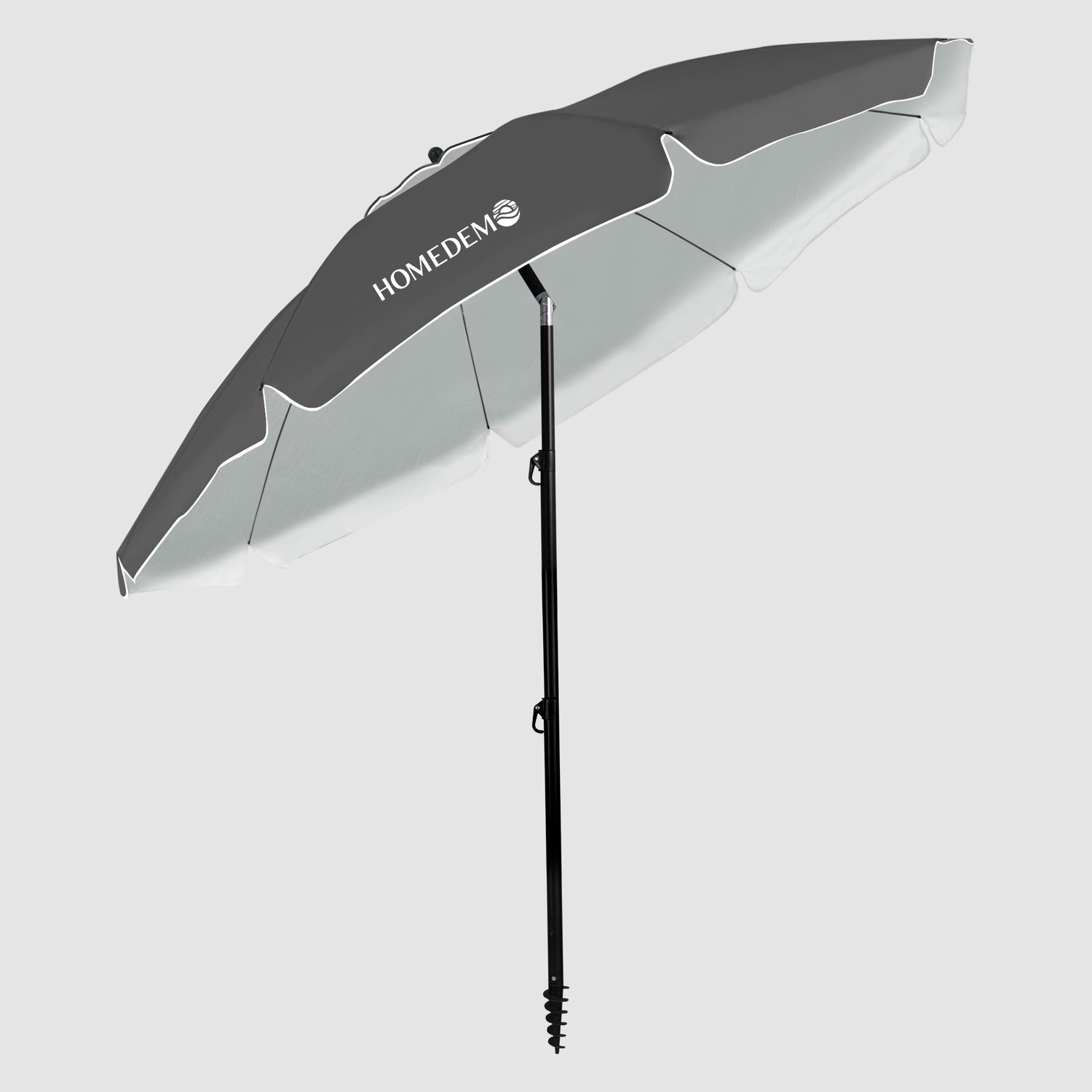 Black foldable beach umbrella, high quality, sturdy and durable, the front can be tilted at an angle when unfolded.