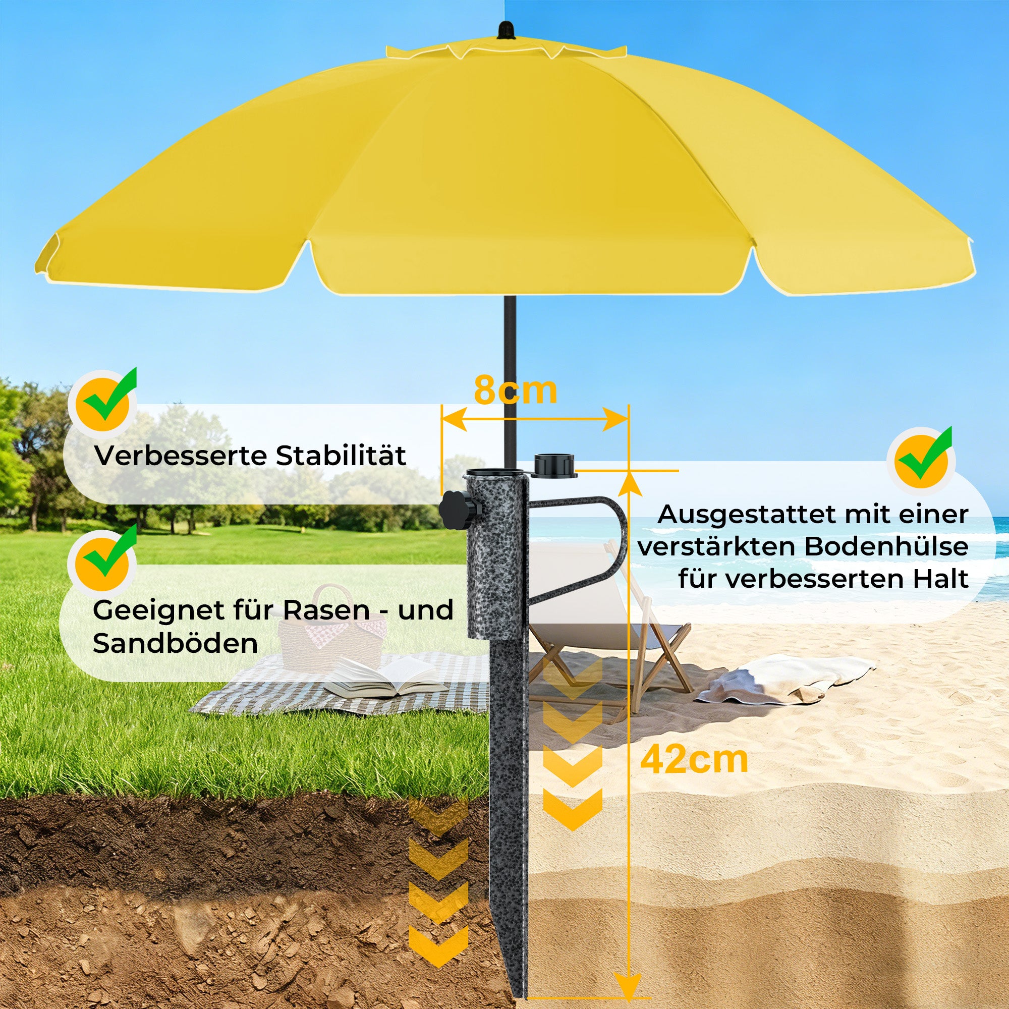 HOMEDEMO Sonnenschirm Strandschirm mit Bodenhülse, Gartenschirm Marktschirm