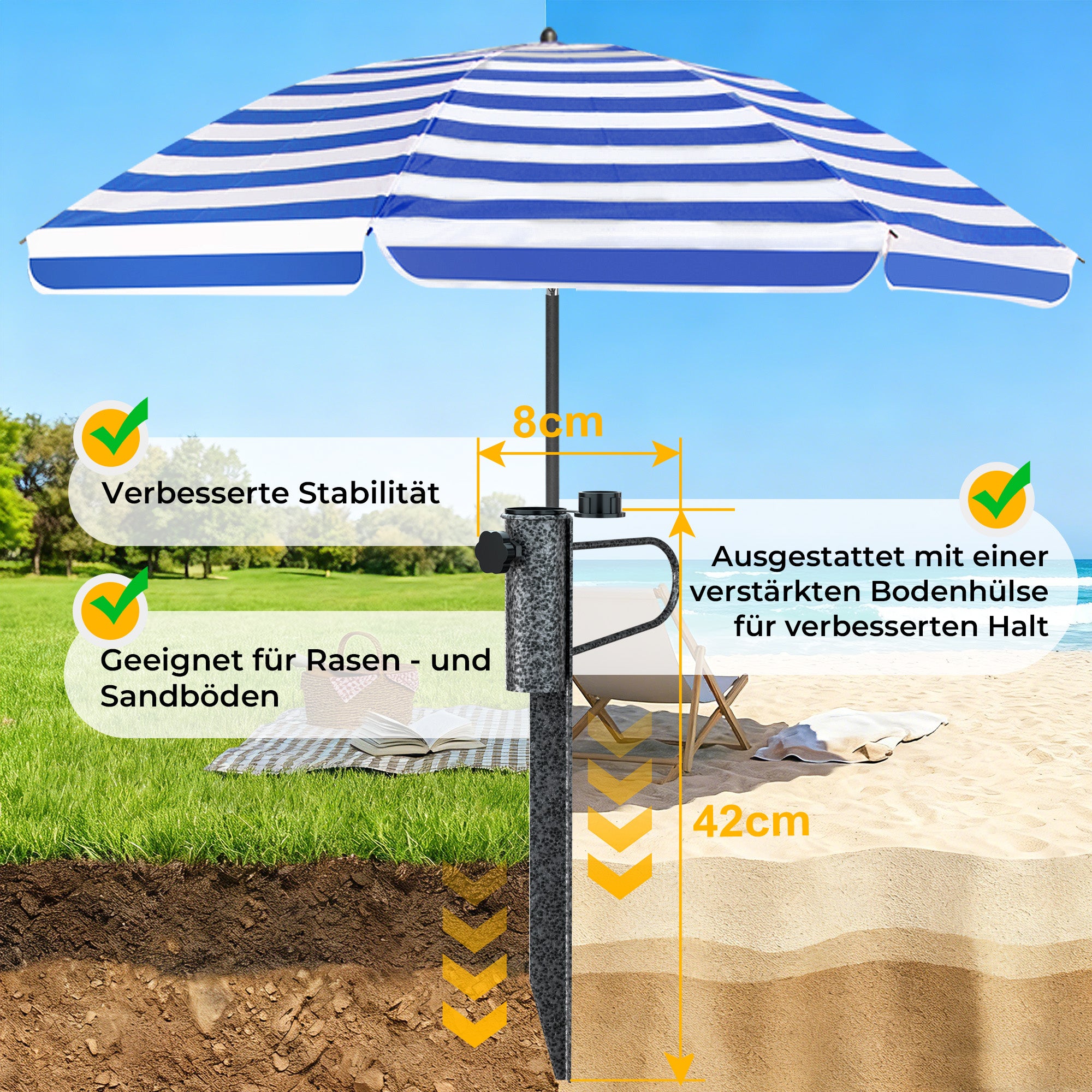 HOMEDEMO Sonnenschirm Strandschirm mit Bodenhülse, Gartenschirm Marktschirm