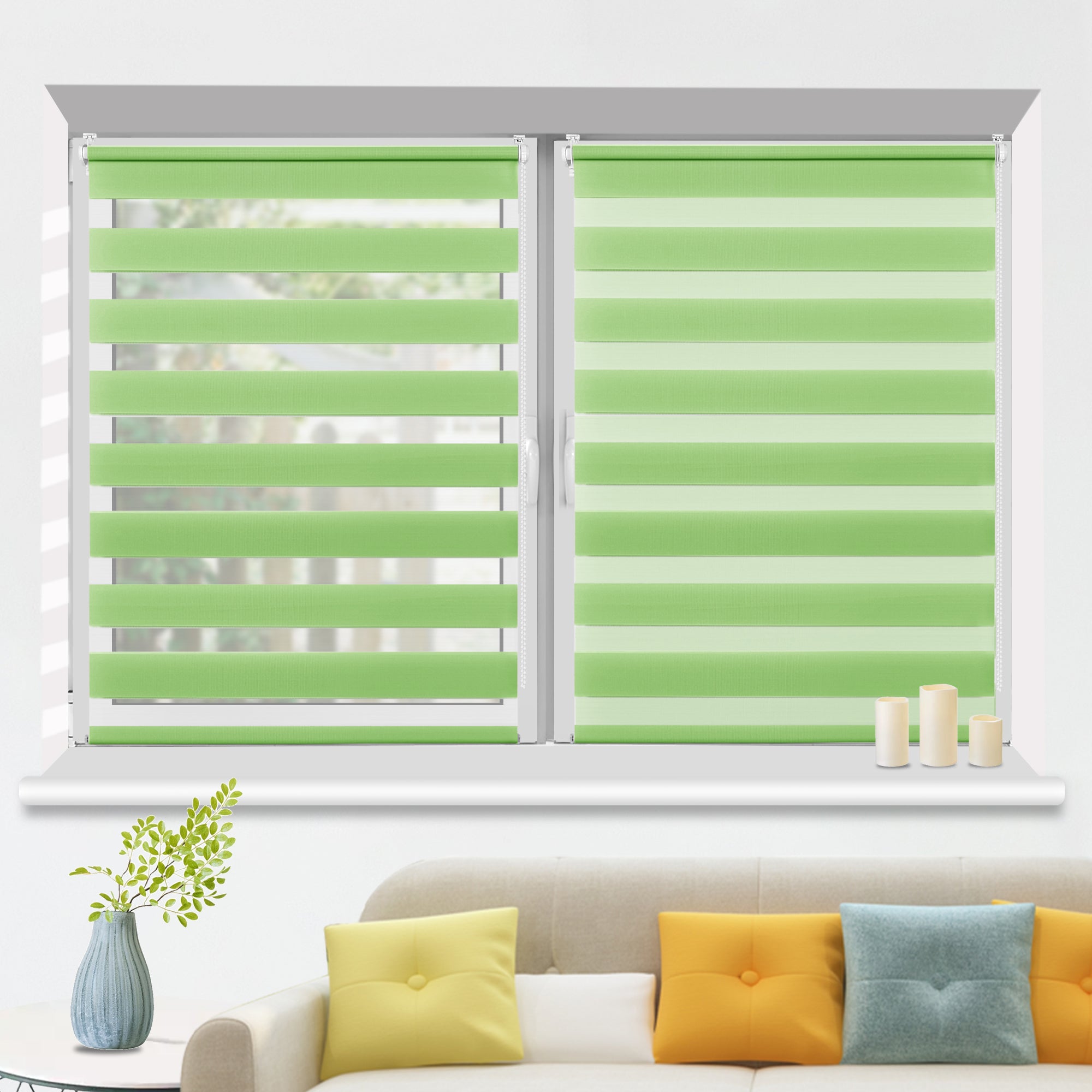 HOMEDEMO Doppelrollo Klemmfix ohne Bohren & mit Bohren, Rollos für Fenster und Tür,Leinen-grau,Weiss-grau-grün,Grün,Leinen