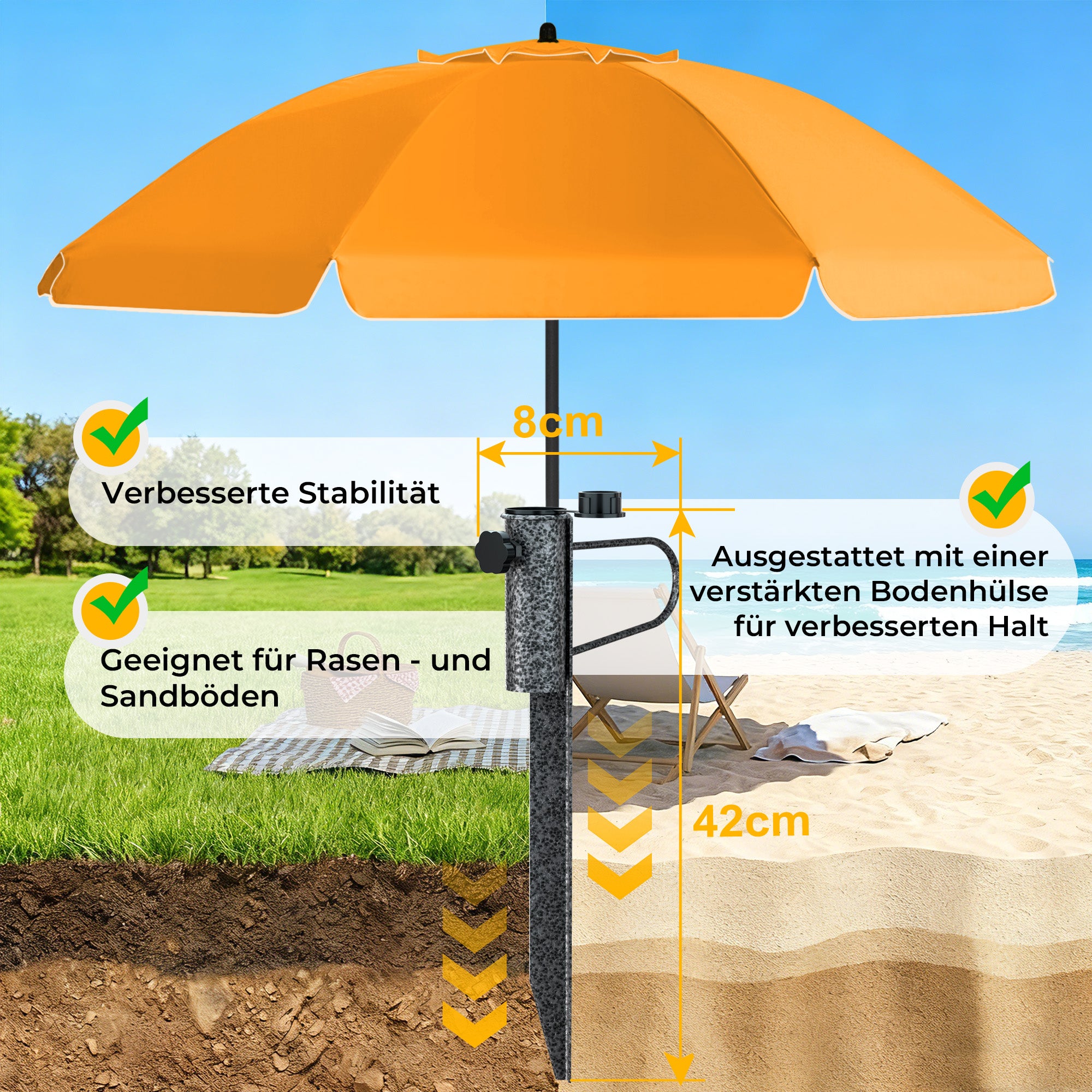 HOMEDEMO Sonnenschirm Strandschirm mit Bodenhülse, Gartenschirm Marktschirm