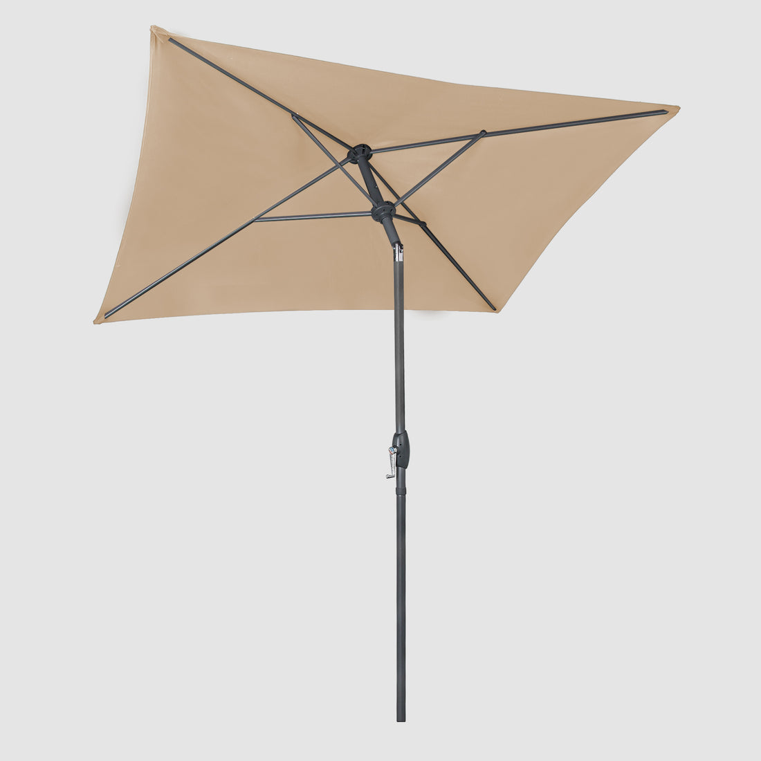 The Rectangular Patio Parasol Umbrella in khaki, seen from below, with the umbrella fully opened to reveal the entire underside of the umbrella and its skeleton.