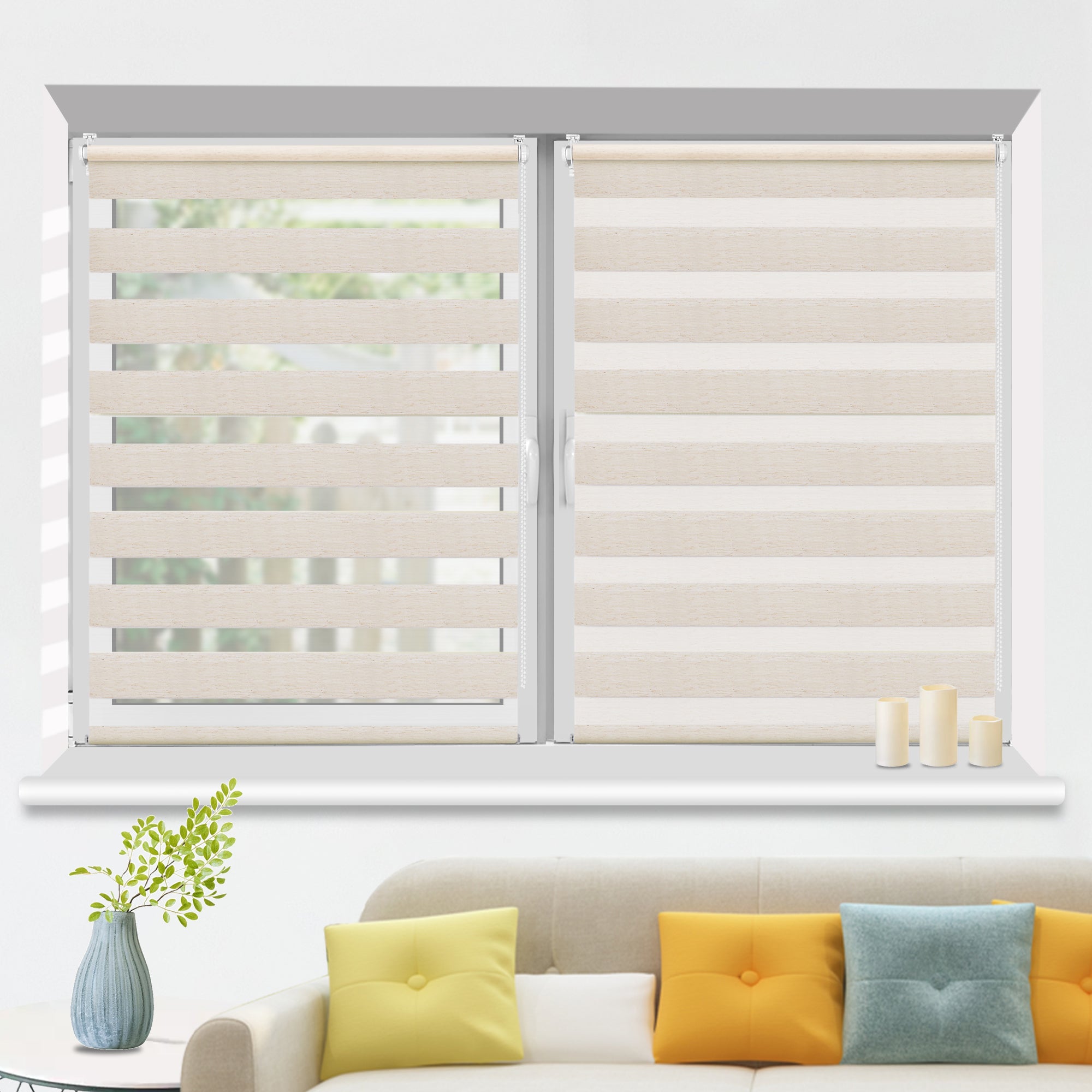 HOMEDEMO Doppelrollo Klemmfix ohne Bohren & mit Bohren, Rollos für Fenster und Tür,Leinen-grau,Weiss-grau-grün,Grün,Leinen