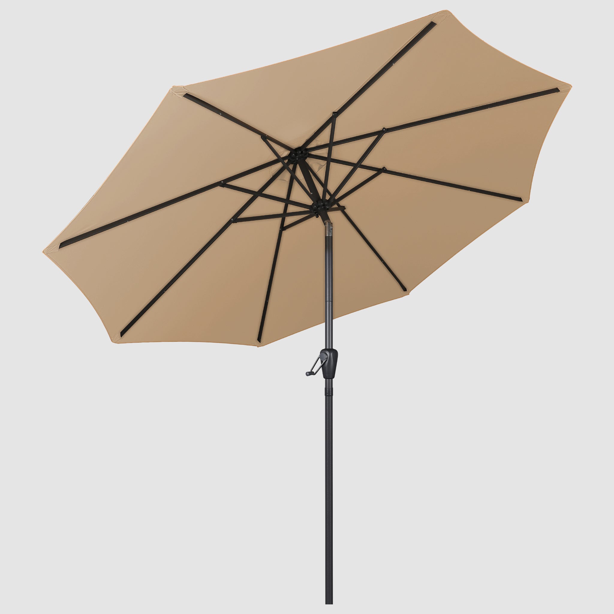 The open khaki best patio umbrella with a windproof hood is seen from below, the inner skeleton of the umbrella can be seen as well as the black pole. 