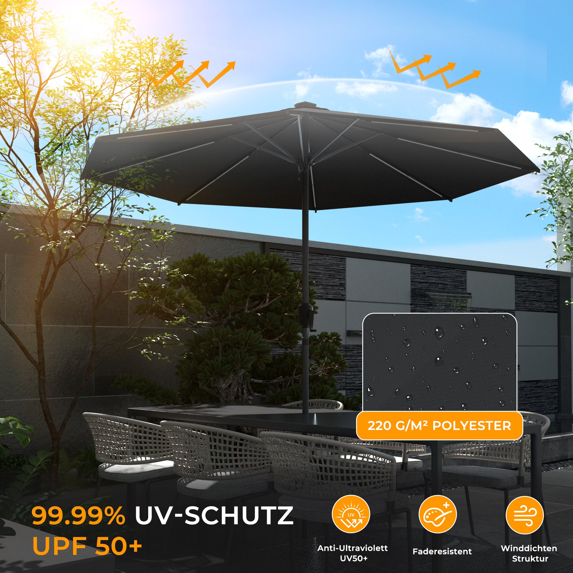 HOMEDEMO LED Gartenschirm mit Kurbel