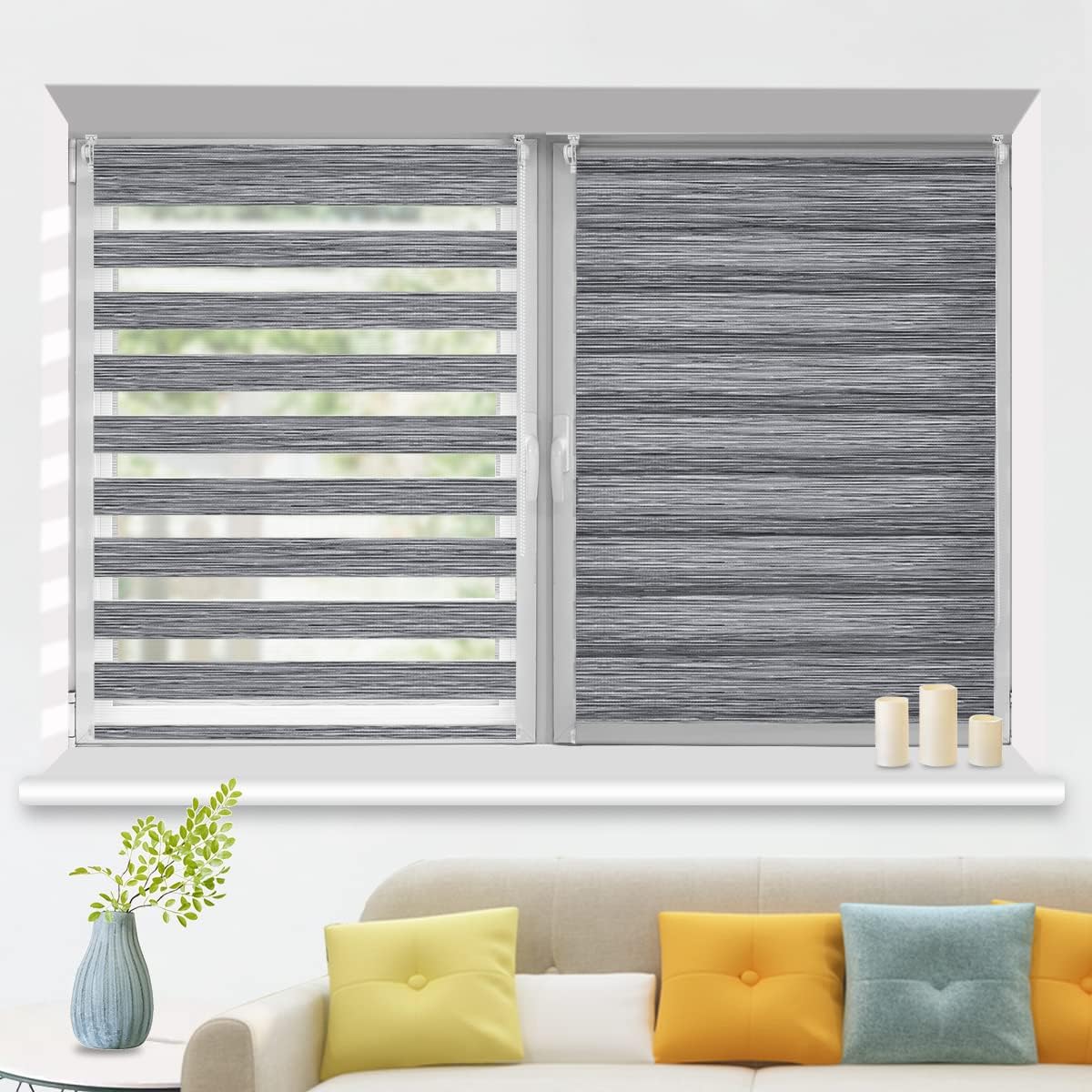 HOMEDEMO Doppelrollo Klemmfix ohne Bohren & mit Bohren, Rollos für Fenster und Tür,Leinen-grau,Weiss-grau-grün,Grün,Leinen