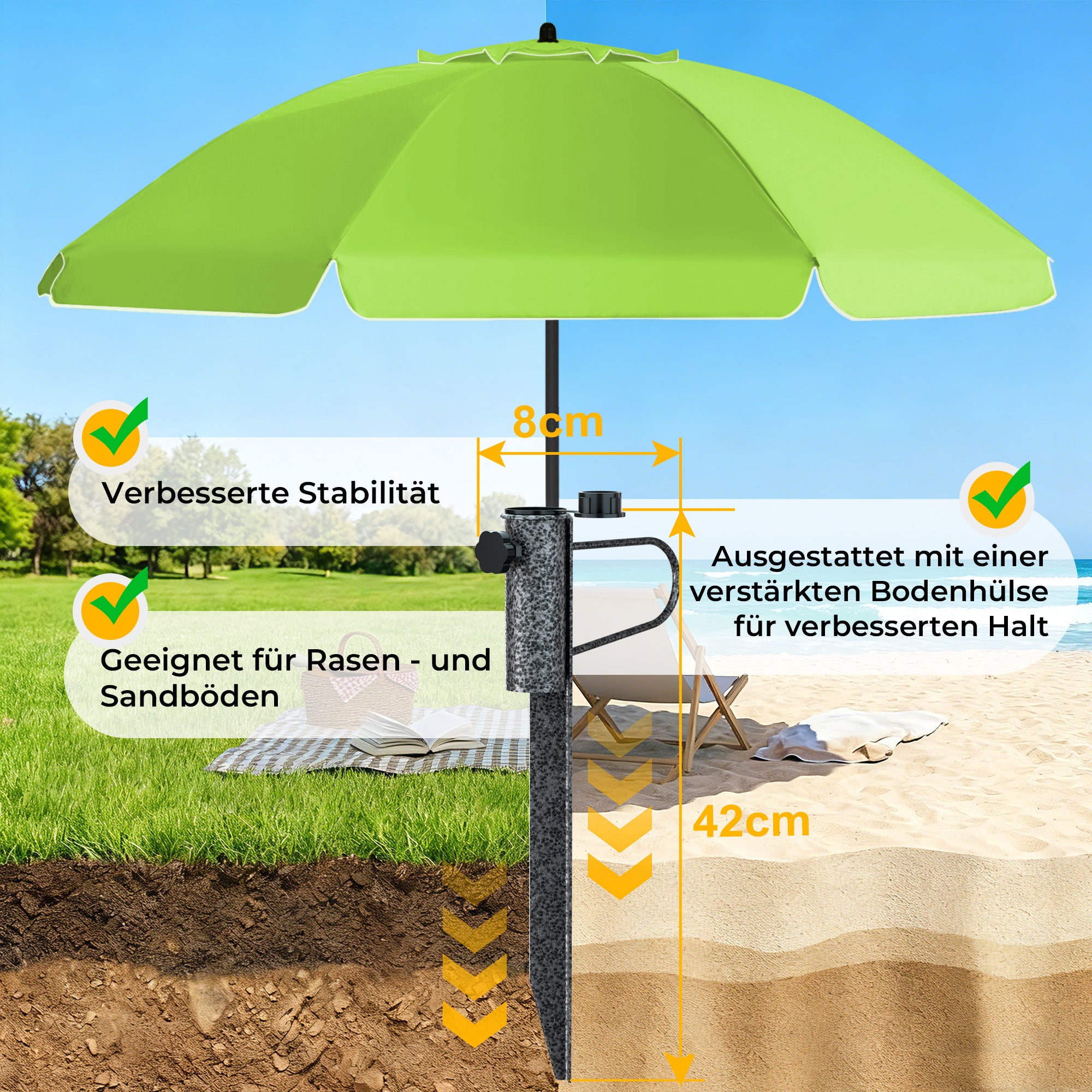 HOMEDEMO Sonnenschirm Strandschirm mit Bodenhülse, Gartenschirm Marktschirm