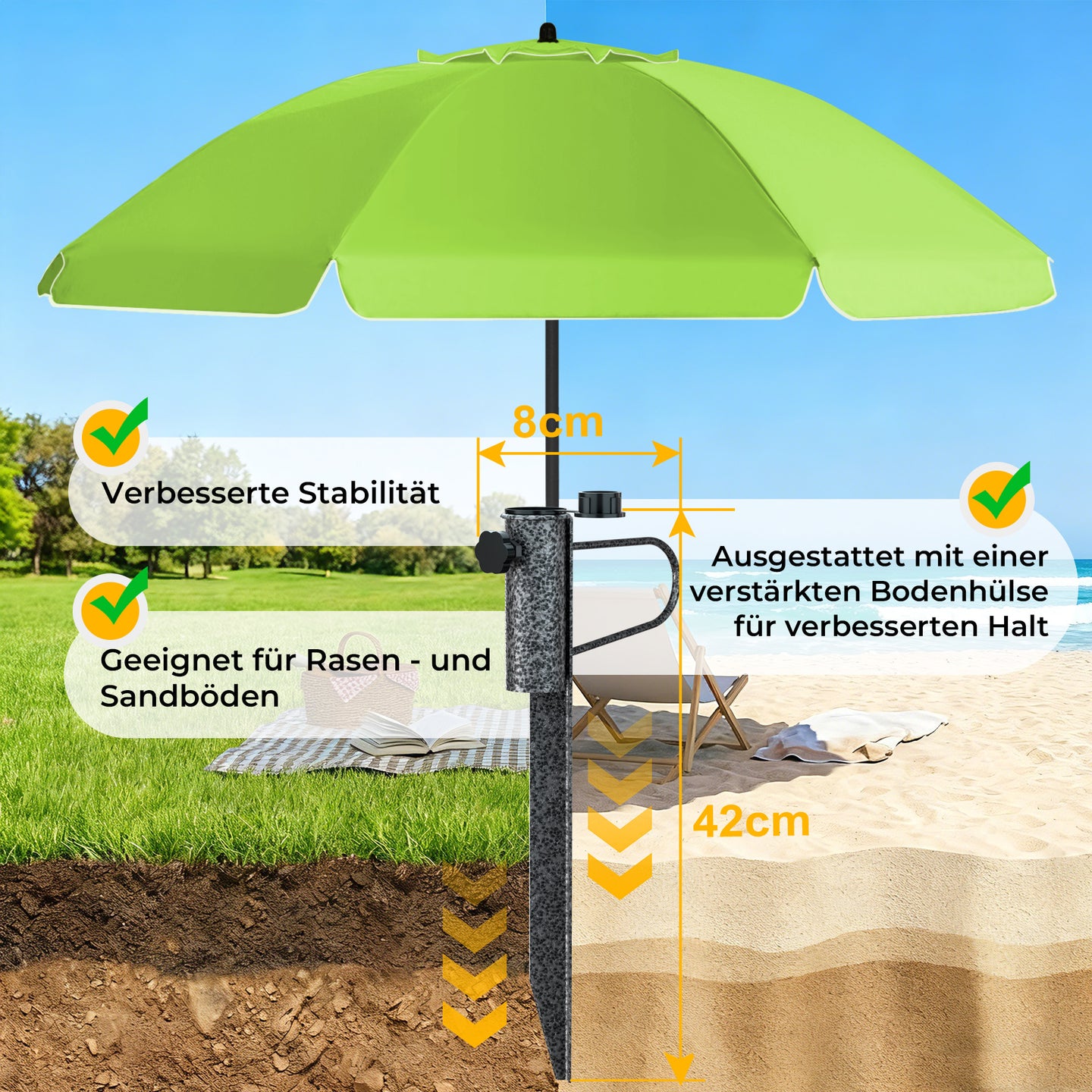 HOMEDEMO Sonnenschirm Strandschirm mit Bodenhülse, Gartenschirm Marktschirm