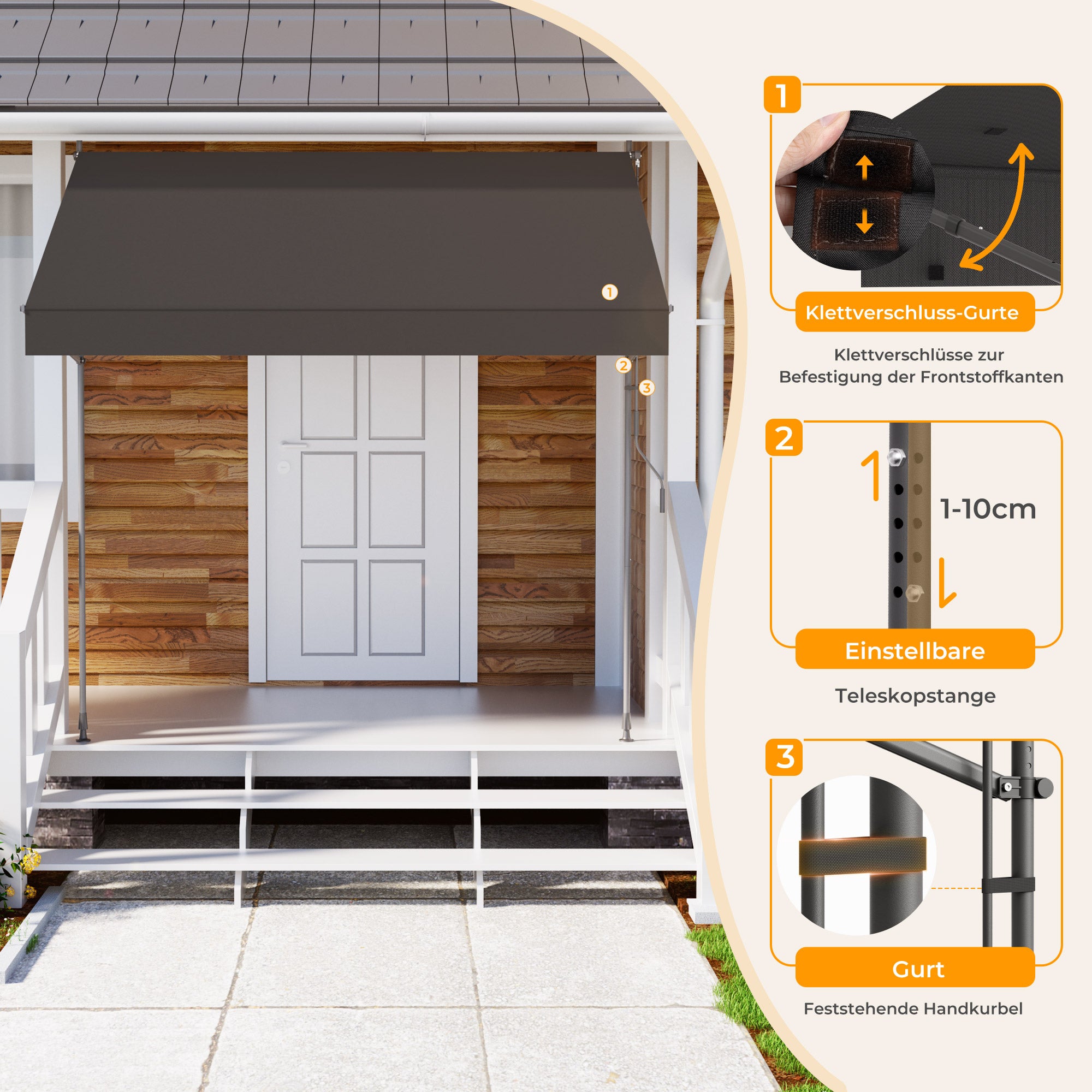 HOMEDEMO Klemmmarkise mit Einstellbare Handkurbel, Balkonmarkise ohne Bohren, Markise Sonnenschutz