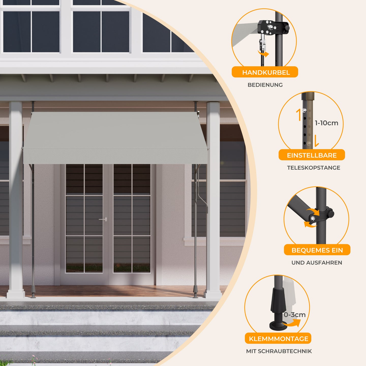 HOMEDEMO Klemmmarkise mit einstellbarer Handkurbel
