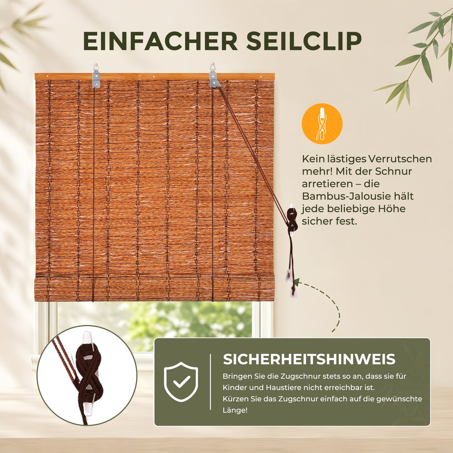 HOMEDEMO PE Rollo Outdoor wetterfest, Sichtschutz Sonnenschutz, Bambus Look Rollo für Innen- und außenbereich Bambusrollo Jalousie