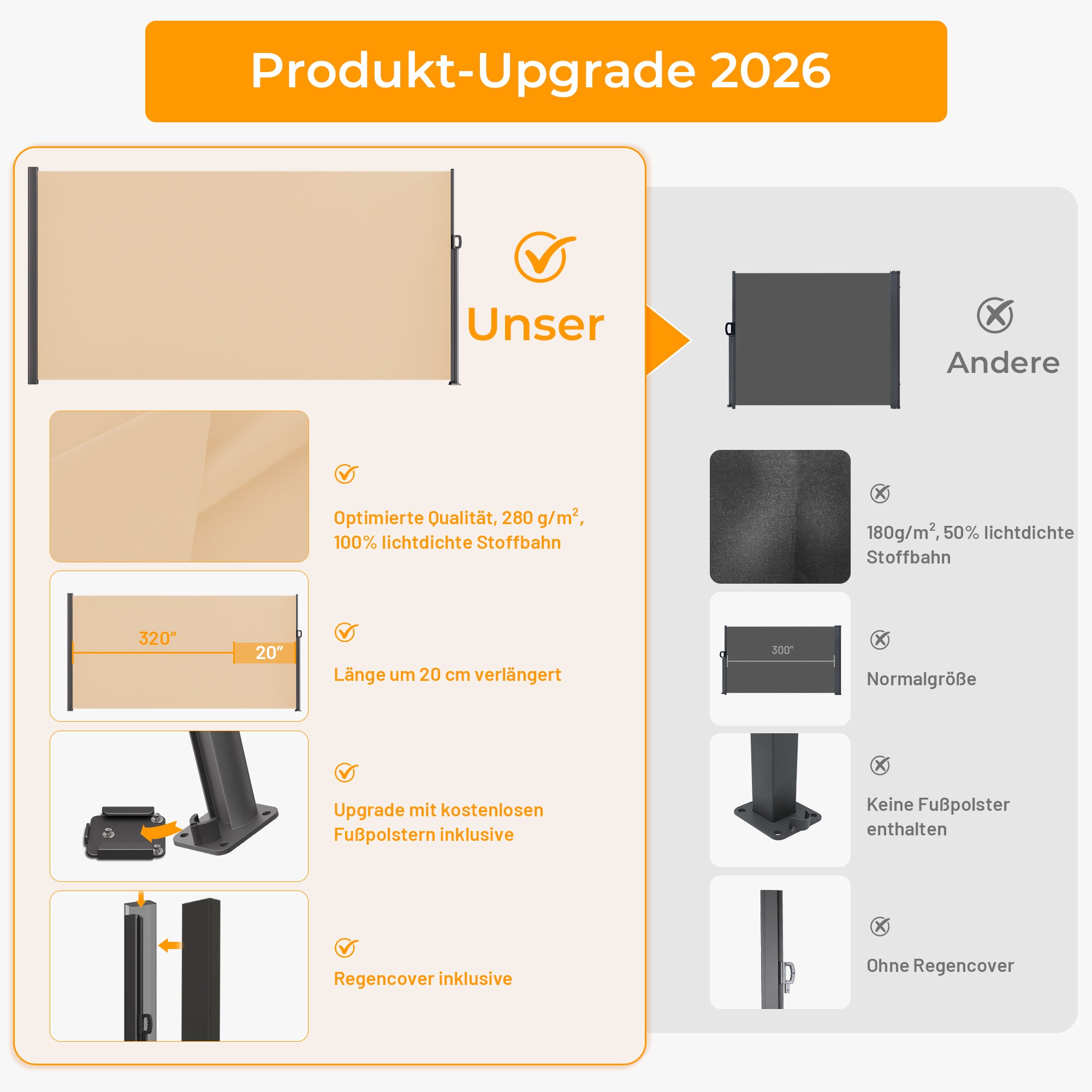 HOMEDEMO Alu-Seitenmarkise ausziehbar,Sichtschutz Sonnenschutz Markise, Windschutz Wasserdicht Seitenzugmarkise