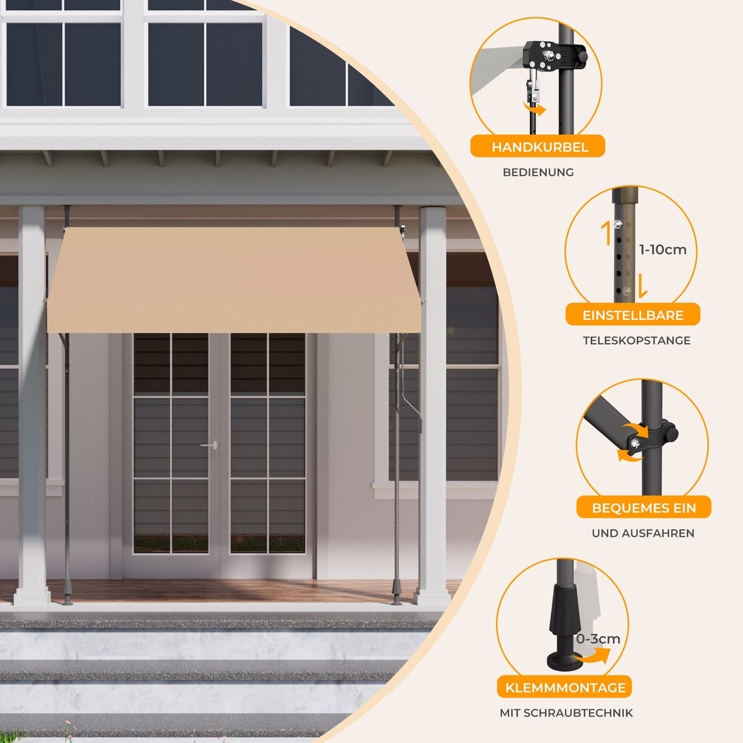 HOMEDEMO Klemmmarkise mit einstellbarer Handkurbel