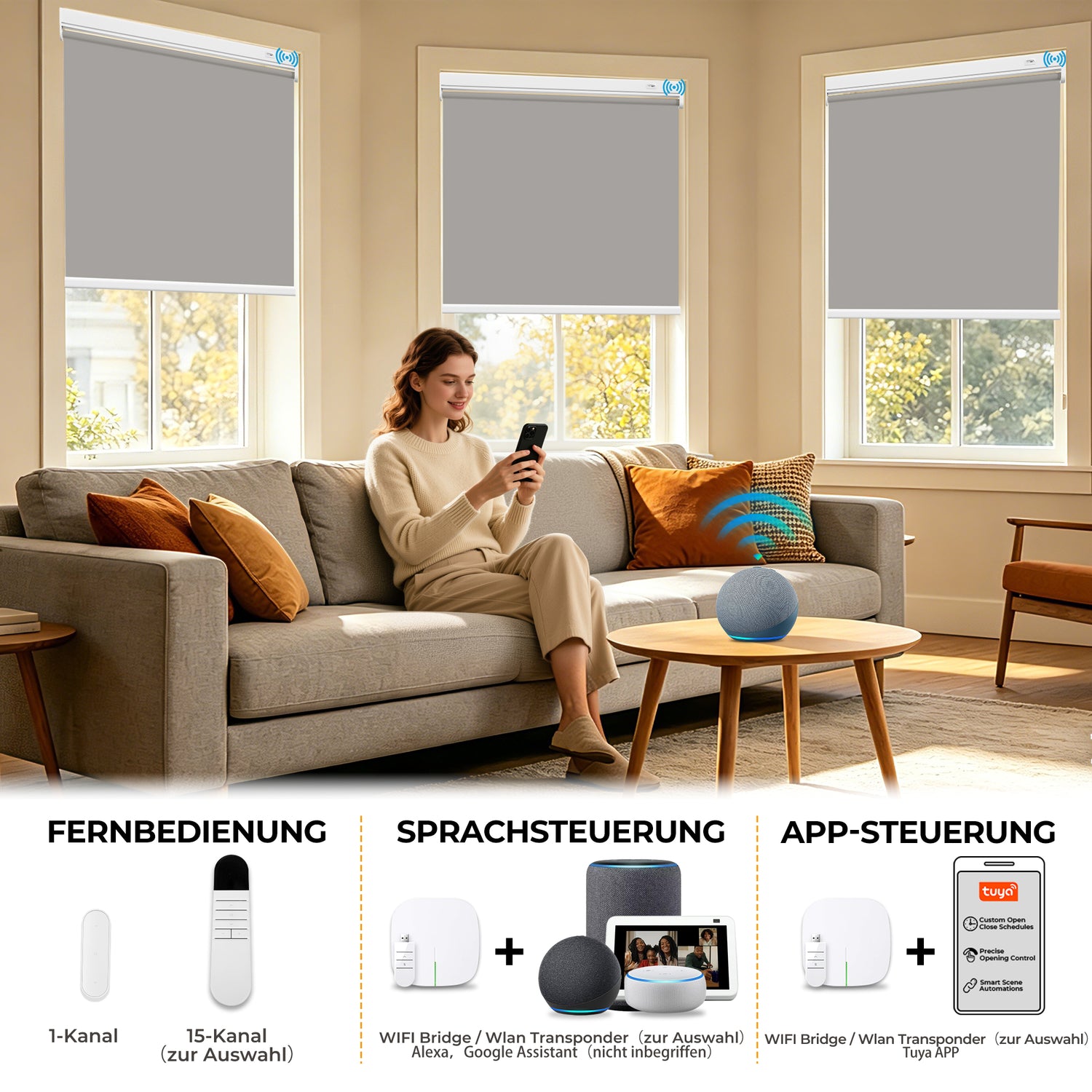 HOMEDEMO M132 Wiederaufladbares elektrisches Verdunkelungsrollo mit Motor &amp; Fernbedienung, Alexa kompatibles Smart Klemmfix Rollo ohne Bohren auch zur festen Montage, Sonnenschutz und Sichtschutz Fensterrollo Innen in Dunkelgrau