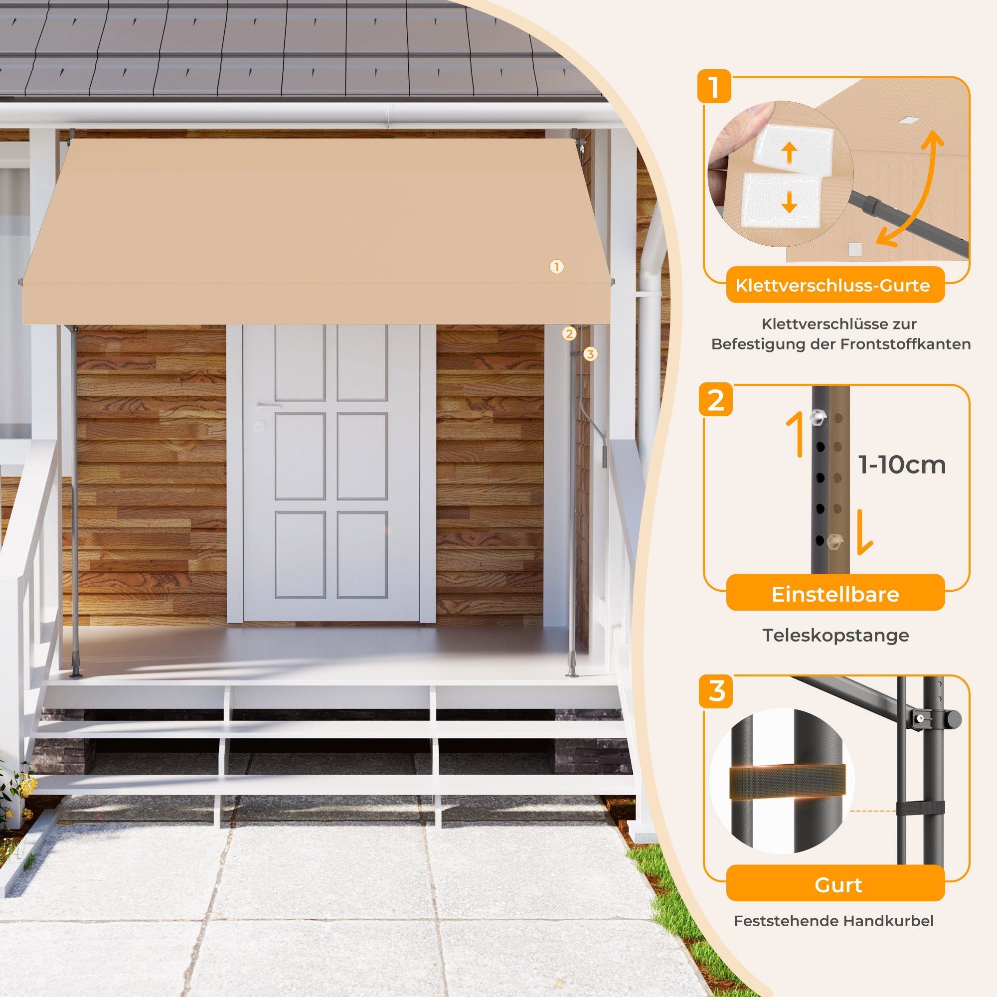 Einziehbare Klemmmarkise für Balkon mit Handkurbel manuell