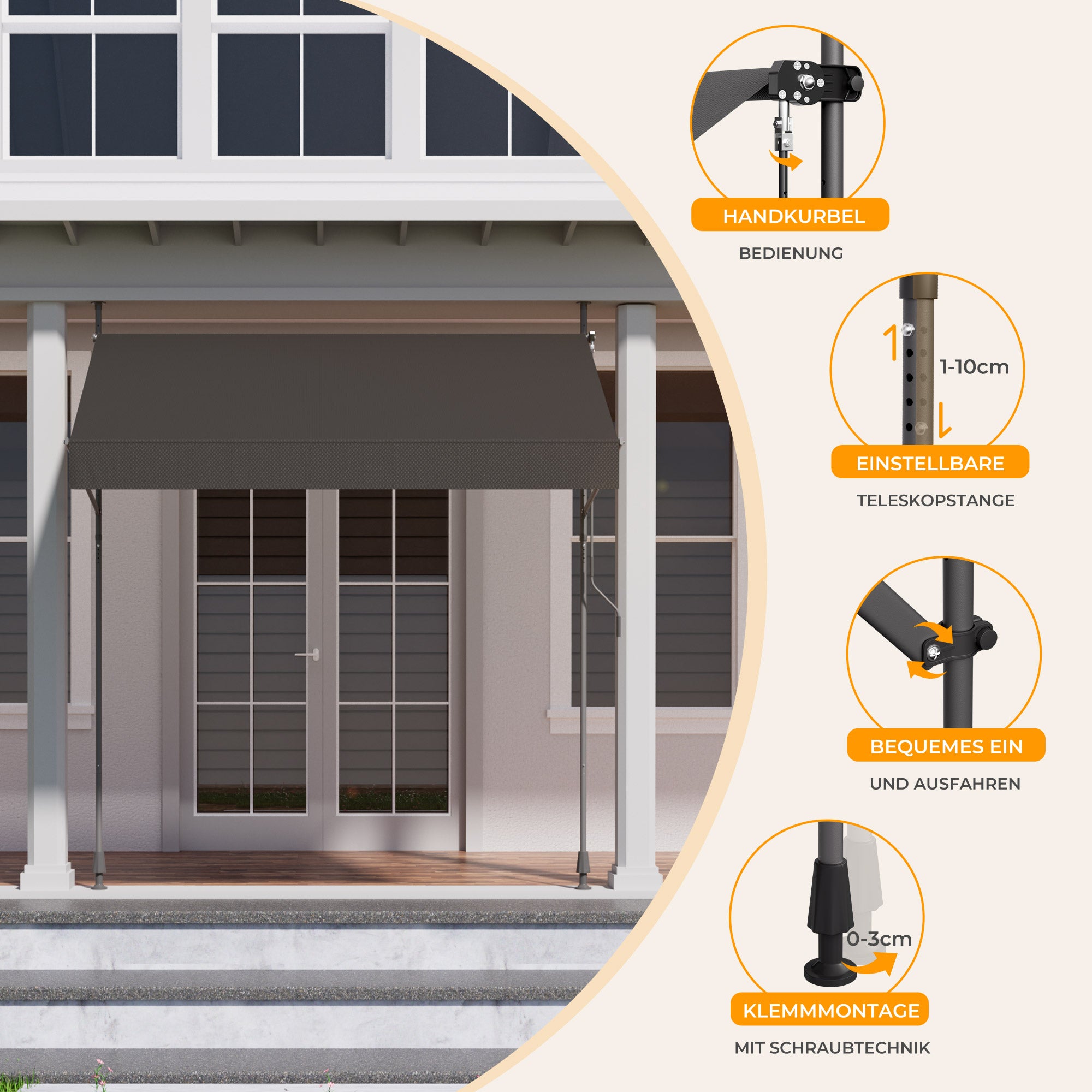 HOMEDEMO Klemmmarkise mit einstellbarer Handkurbel