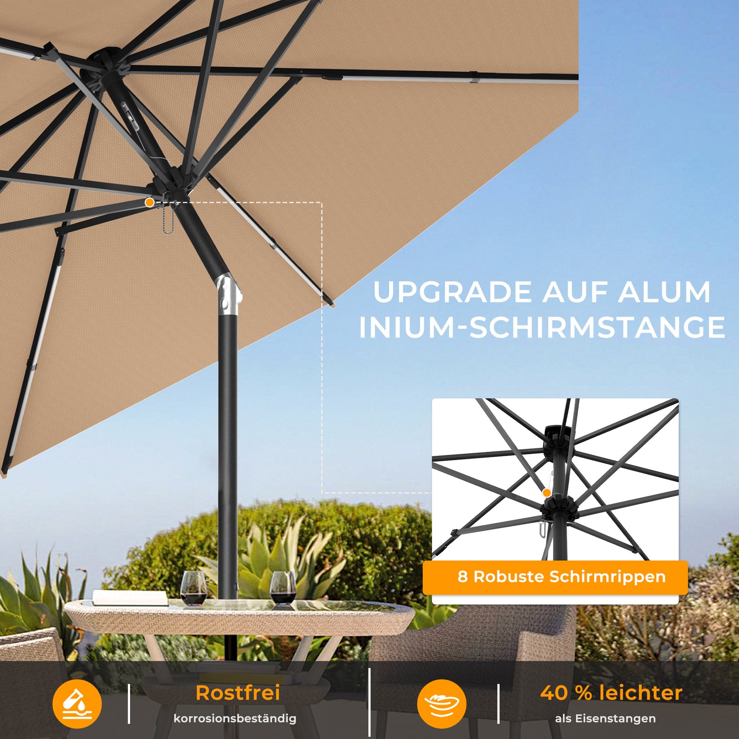 HOMEDEMO  Groß Garten Sonnenschirme mit Kurbel und LED-Licht