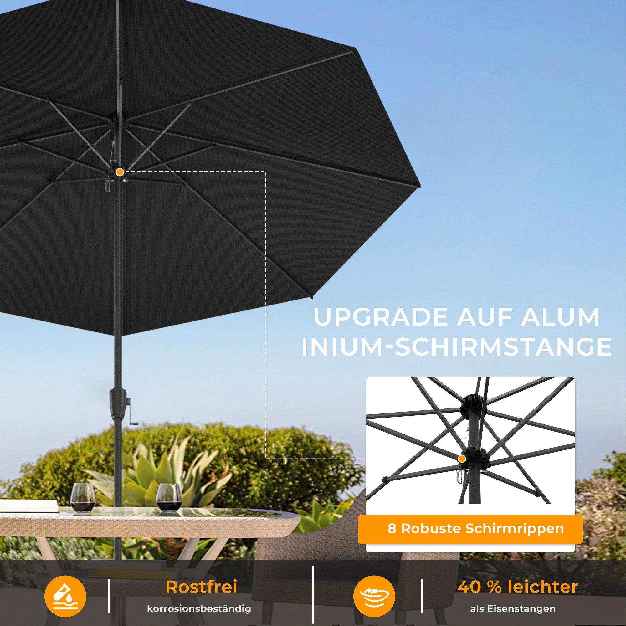 HOMEDEMO Aluminium Gartenschirm mit Kurbel