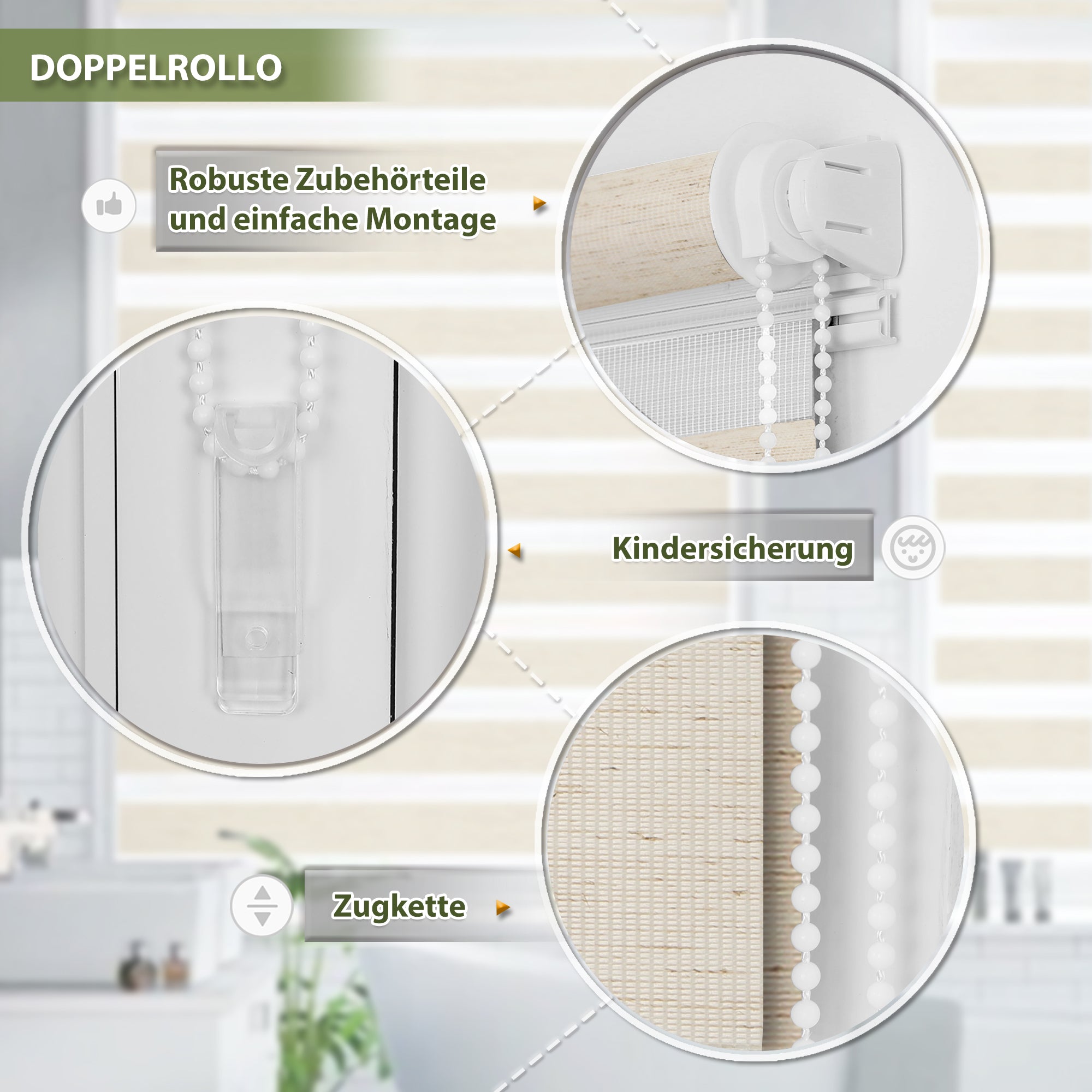HOMEDEMO Doppelrollo Klemmfix ohne Bohren & mit Bohren, Rollos für Fenster und Tür,Leinen-grau,Weiss-grau-grün,Grün,Leinen