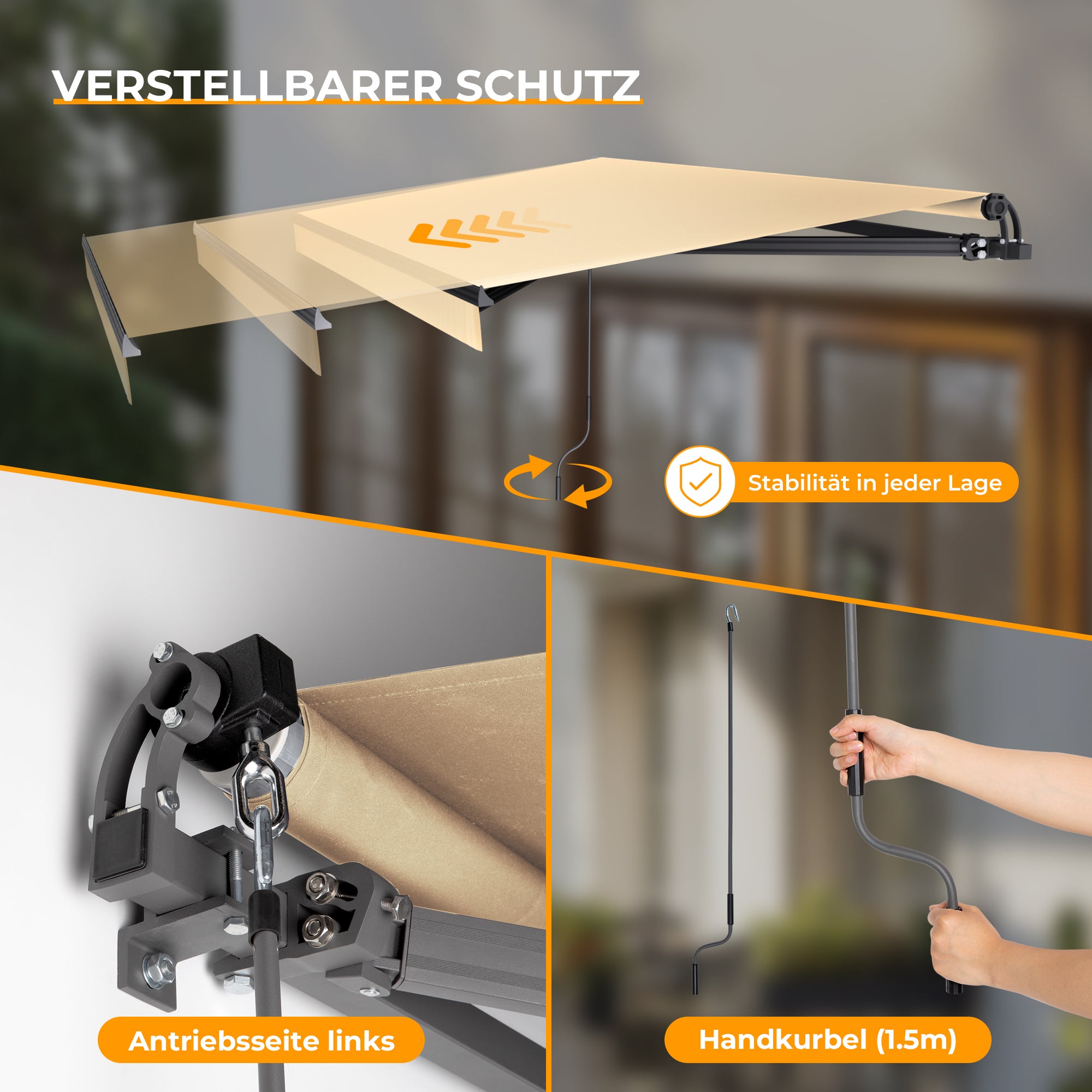 HOMEDEMO Gelenkarmmarkise Markise mit Handkurbel,Sonnenmarkise Terrassenmarkise Winkel Einstellung(5-60°)