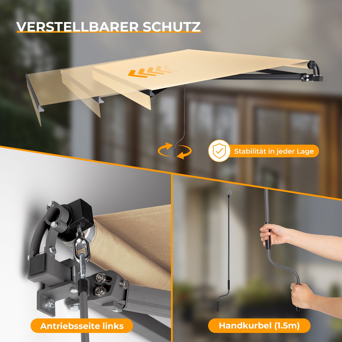 HOMEDEMO Gelenkarmmarkise Markise mit Handkurbel,Sonnenmarkise Terrassenmarkise Winkel Einstellung(5-60°)