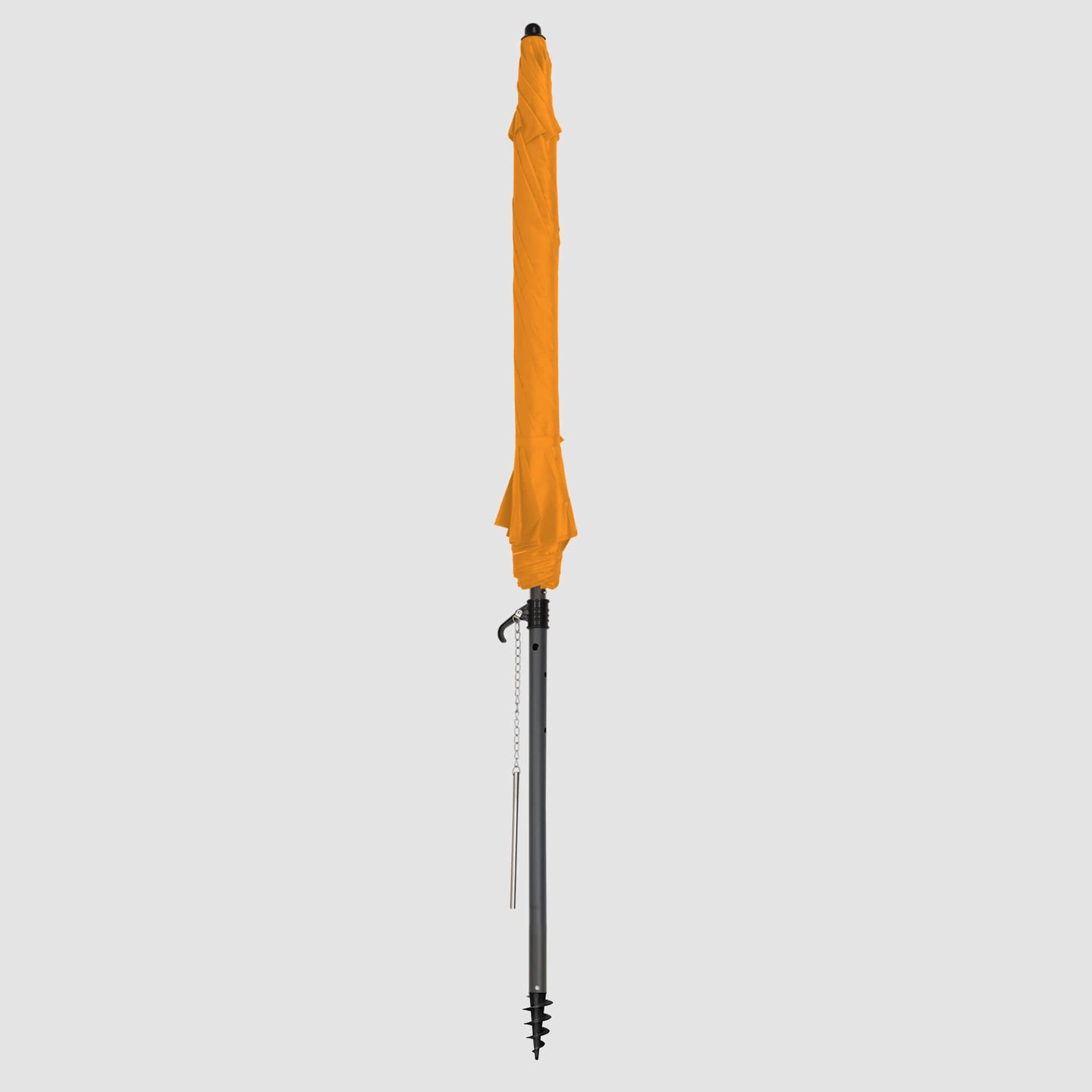 High-quality, durable Orange beach umbrellas Frontal view when closed up into a strip