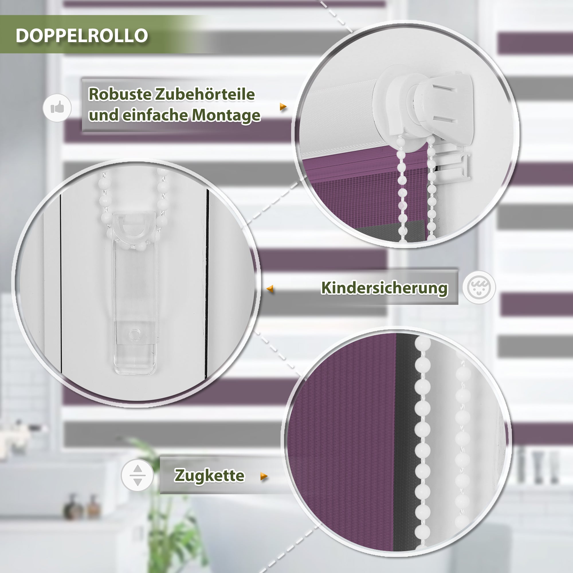 HOMEDEMO Doppelrollo Klemmfix ohne Bohren & mit Bohren, Rollos für Fenster und Tür