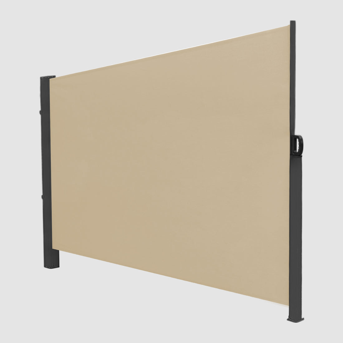 Khaki Extendible Side Pull Awning that is fully open and tilted at an angle when viewed from the front.