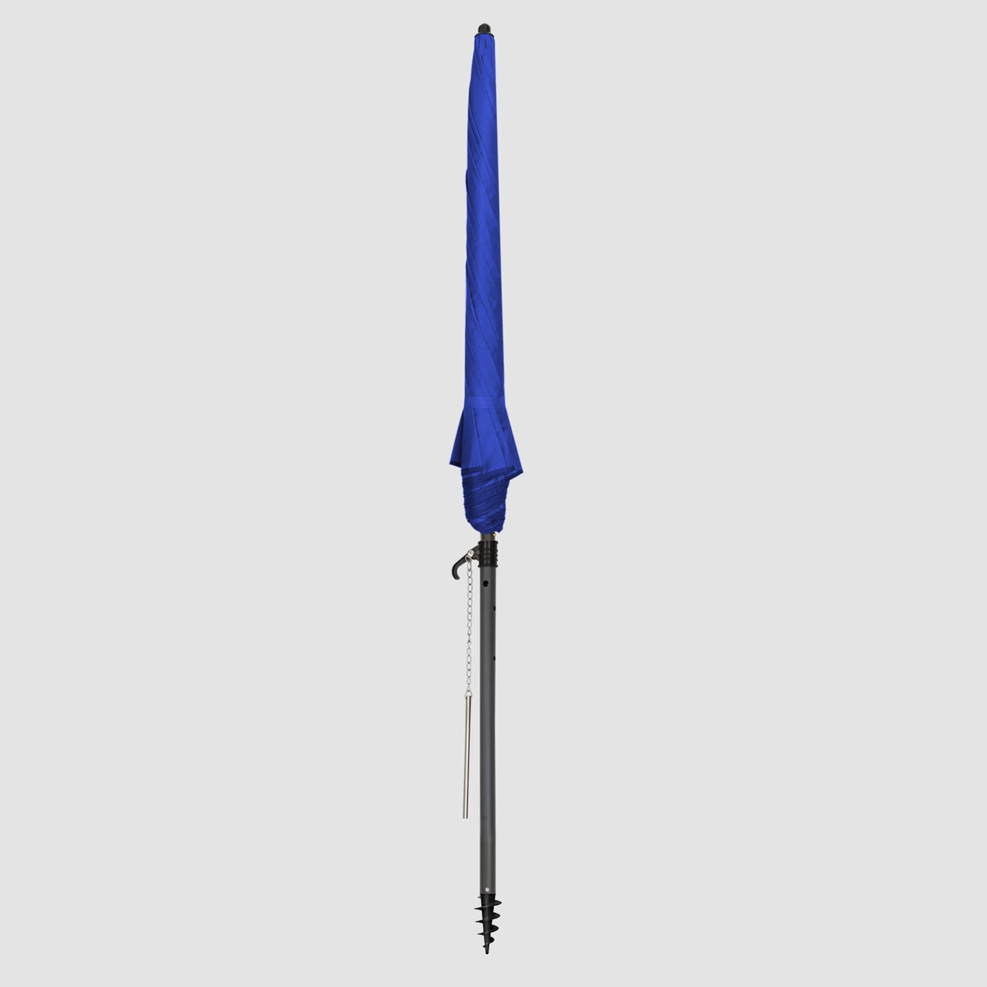 High-quality, durable Blue beach umbrellas Frontal view when closed up into a strip