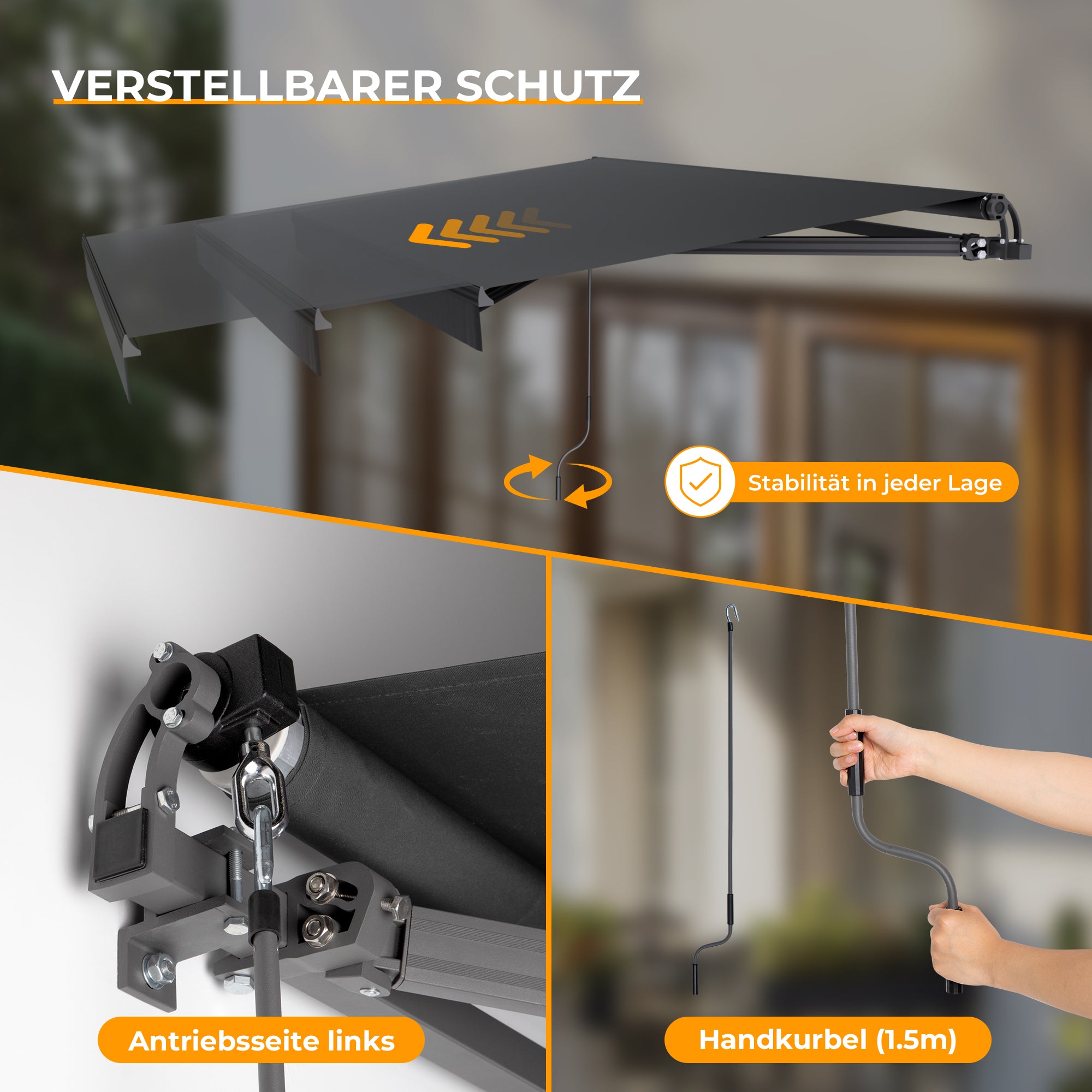 HOMEDEMO Gelenkarmmarkise Markise mit Handkurbel,Sonnenmarkise Terrassenmarkise Winkel Einstellung(5-60°)