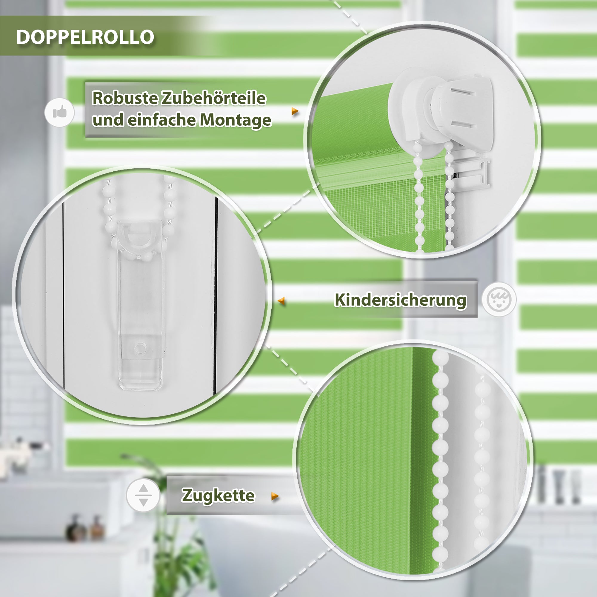 HOMEDEMO Doppelrollo Klemmfix ohne Bohren & mit Bohren, Rollos für Fenster und Tür,Leinen-grau,Weiss-grau-grün,Grün,Leinen