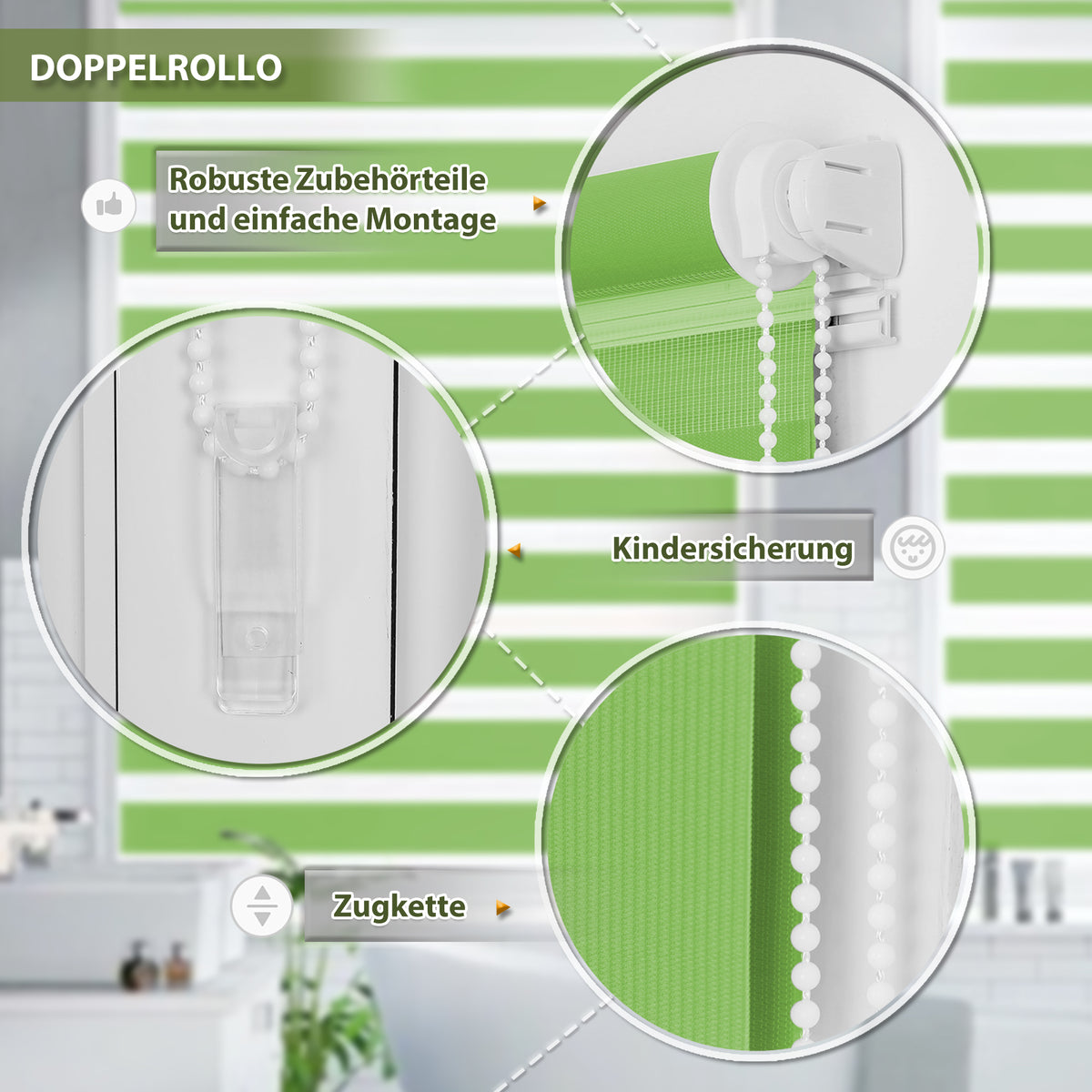 HOMEDEMO Doppelrollo Klemmfix ohne Bohren & mit Bohren, Rollos für Fenster und Tür,Leinen-grau,Weiss-grau-grün,Grün,Leinen