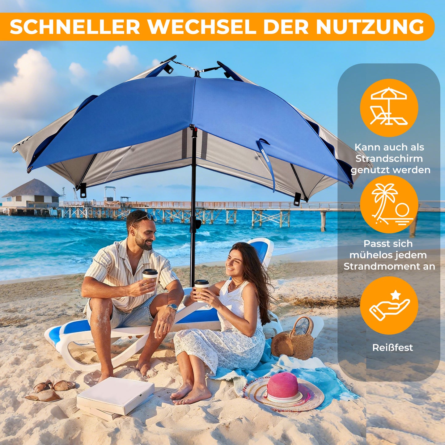 Strandmuschel mit Sonnendach 3-in-1 Sonnenschirm,Strandmuschel Pop up mit Sonnendach Ø 290cm, UV50+