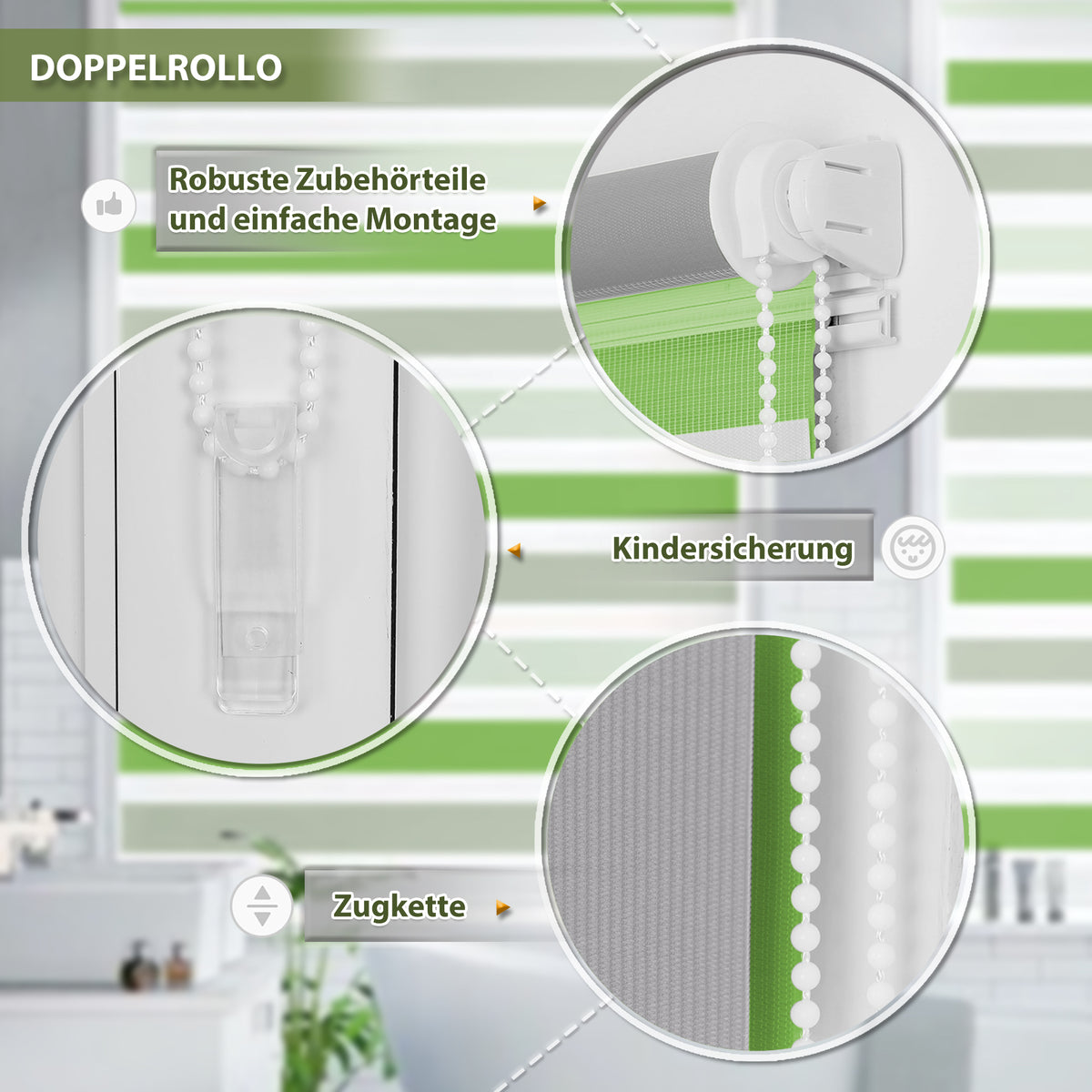 HOMEDEMO Doppelrollo Klemmfix ohne Bohren & mit Bohren, Rollos für Fenster und Tür,Leinen-grau,Weiss-grau-grün,Grün,Leinen