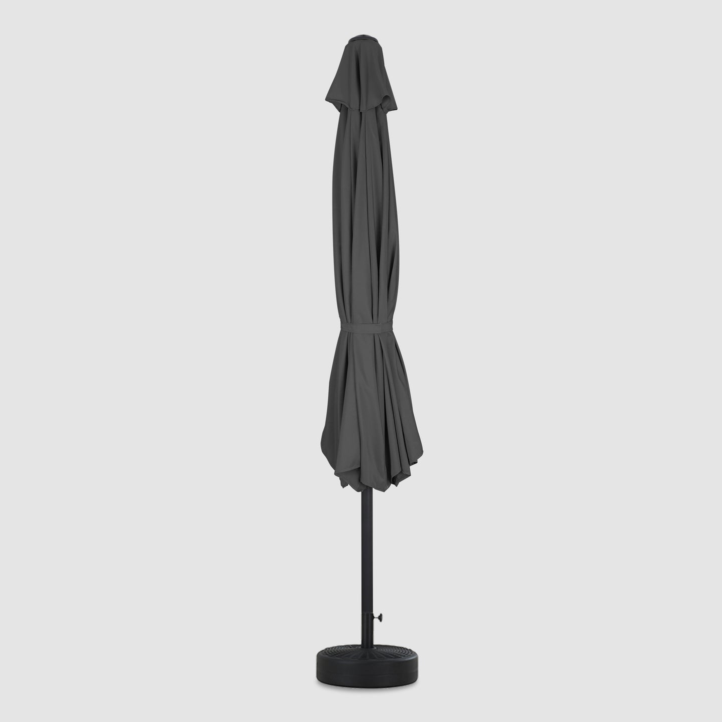Front view, closed in a long strip Dark Grey patio umbrella with hood, high quality and durability. 