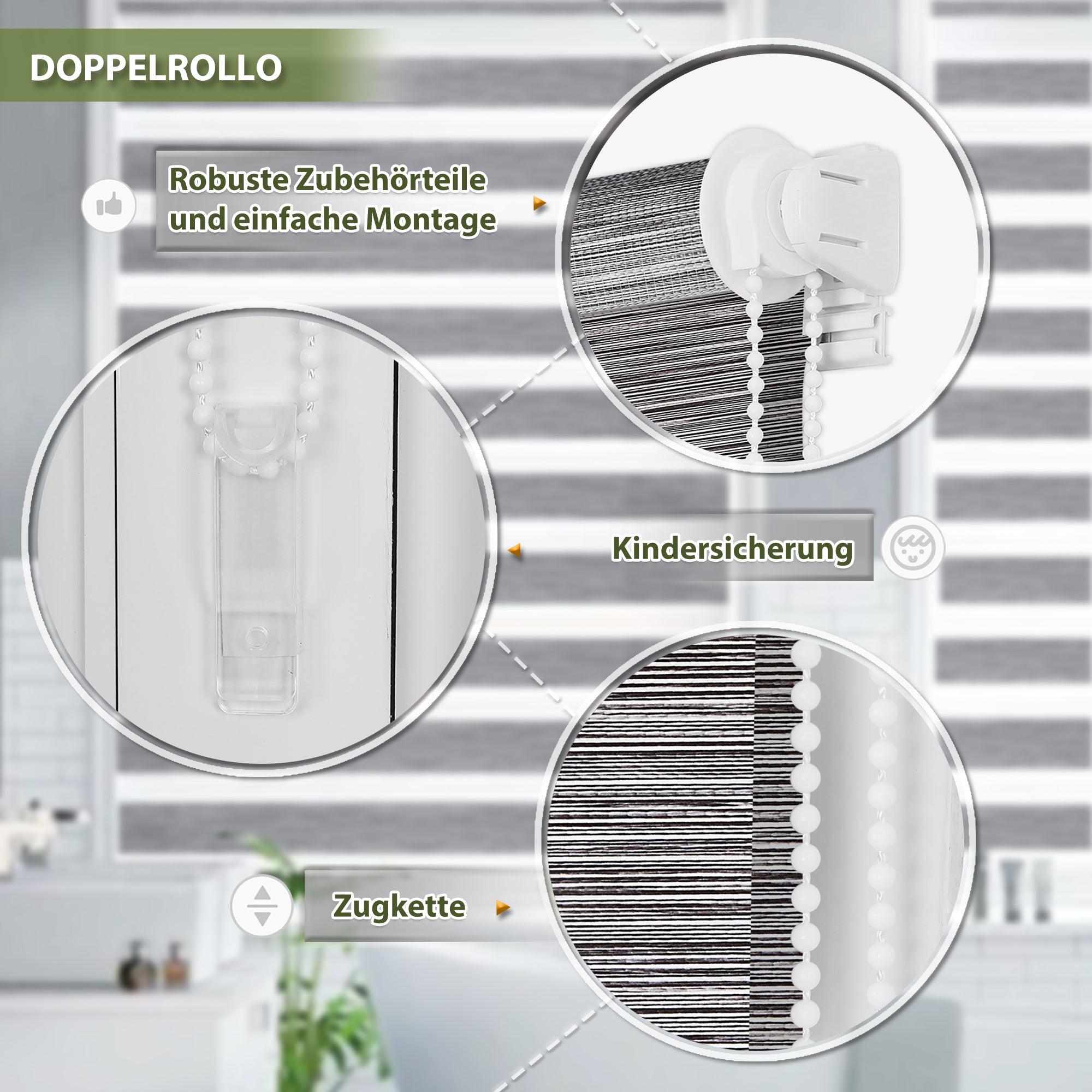 HOMEDEMO Doppelrollo Klemmfix ohne Bohren & mit Bohren, Rollos für Fenster und Tür,Leinen-grau,Weiss-grau-grün,Grün,Leinen