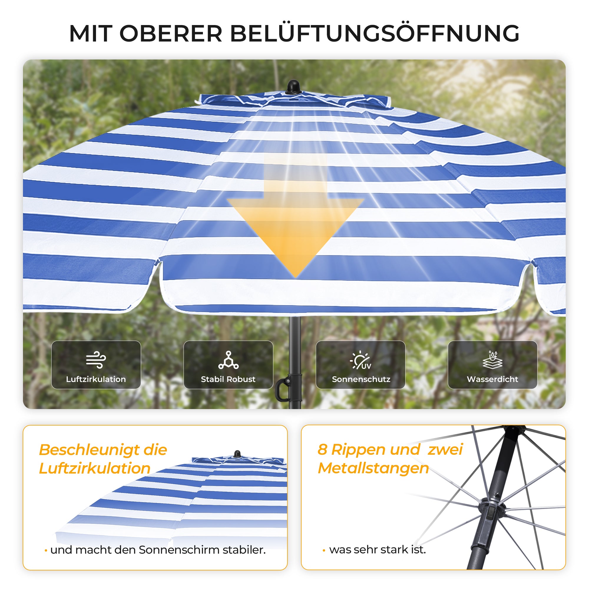 HOMEDEMO Sonnenschirm Strandschirm mit Bodenhülse, Gartenschirm Marktschirm,UV50+