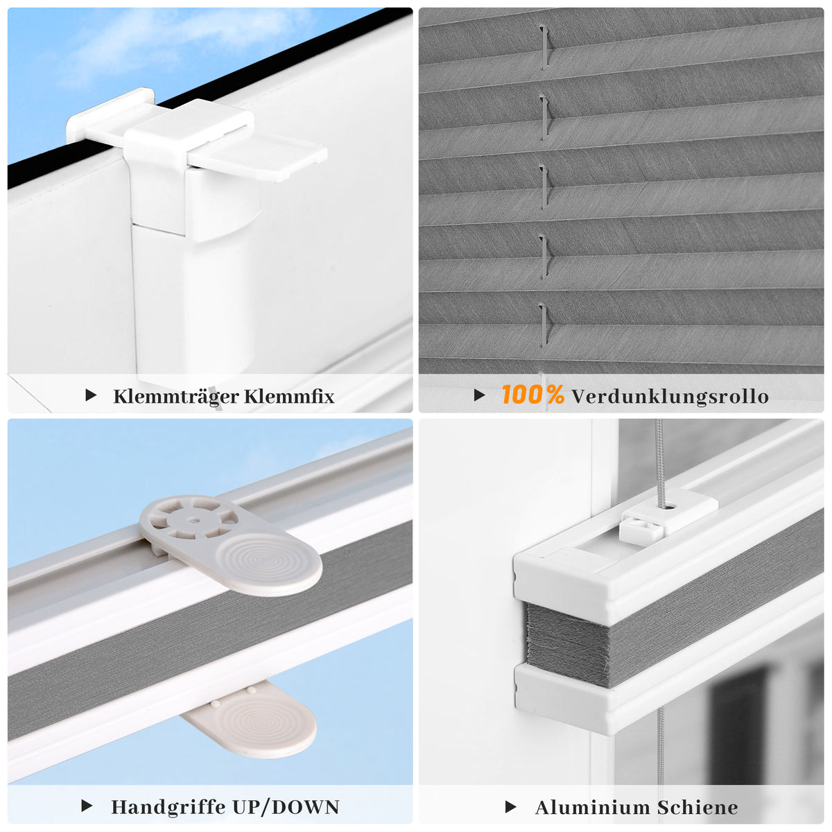 HOMEDEMO Plissee ohne Bohren verdunkelung, Thermo Plisseerollo Klemmfix, Grau