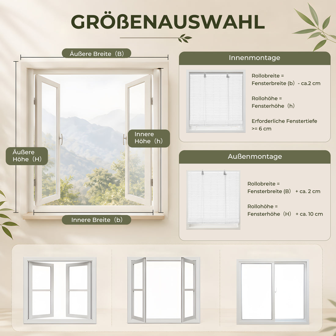 HOMEDEMOPE Rollo Outdoor wetterfest, Bambus Look Sichtschutz &amp; Sonnenschutz, Innen- und Außen Raffrollo Jalousie in Weiß für Fenster und Balkon
